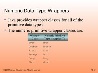 Numeric Data Type Wrappers
 • Java provides wrapper classes for all of the
   primitive data types.
 • The numeric primitive wrapper classes are:
                                    Wrapper            Numeric Primitive
                                     Class             Type It Applies To
                                  Byte                byte
                                  Double              double
                                  Float               float
                                  Integer             int
                                  Long                long
                                  Short               short


© 2012 Pearson Education, Inc. All rights reserved.                         10-42
 