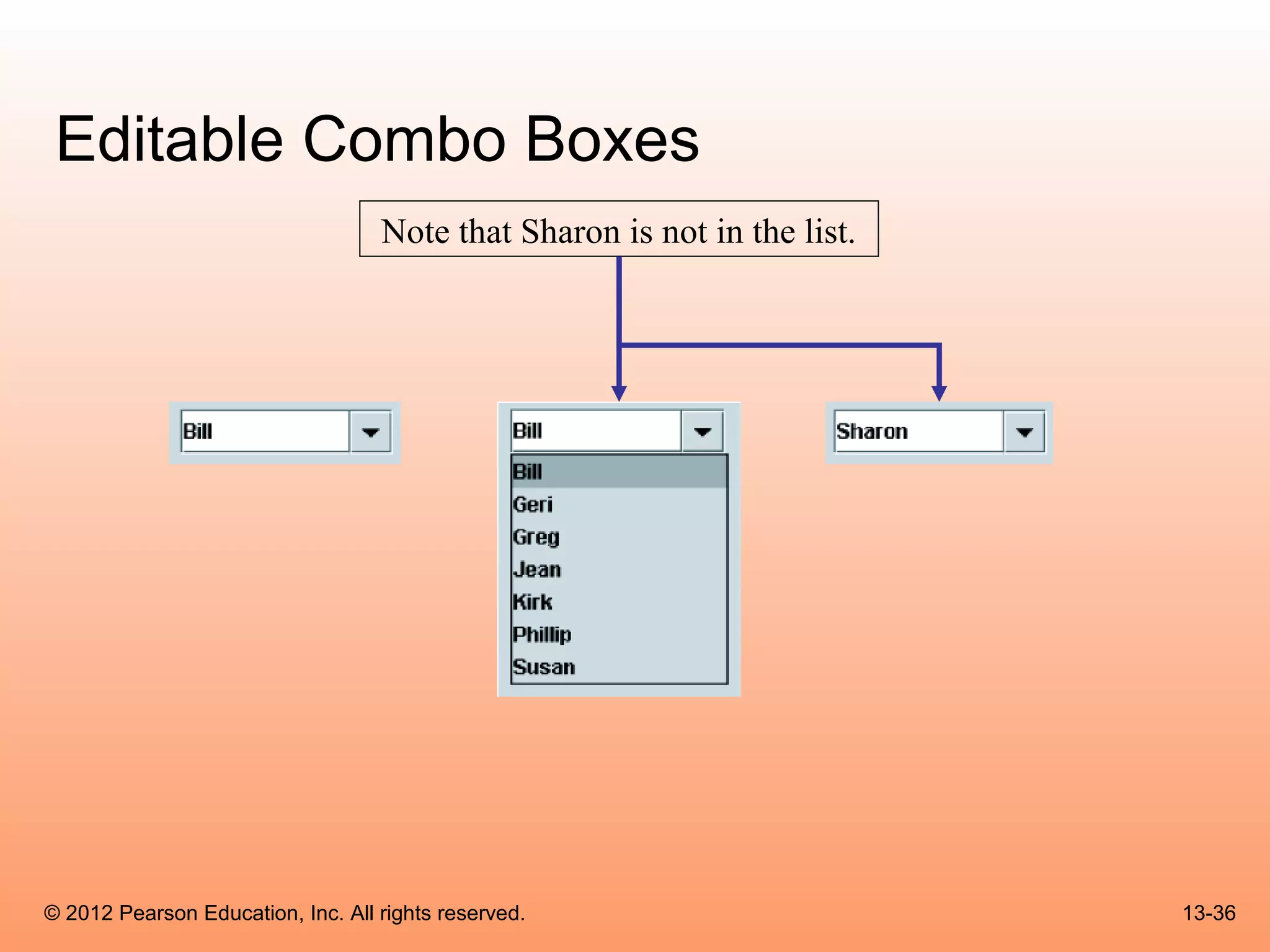 Editable Combo Boxes
                                   Note that Sharon is not in the list.




© 2012 Pearson Education, Inc. All rights reserved.                       13-36
 