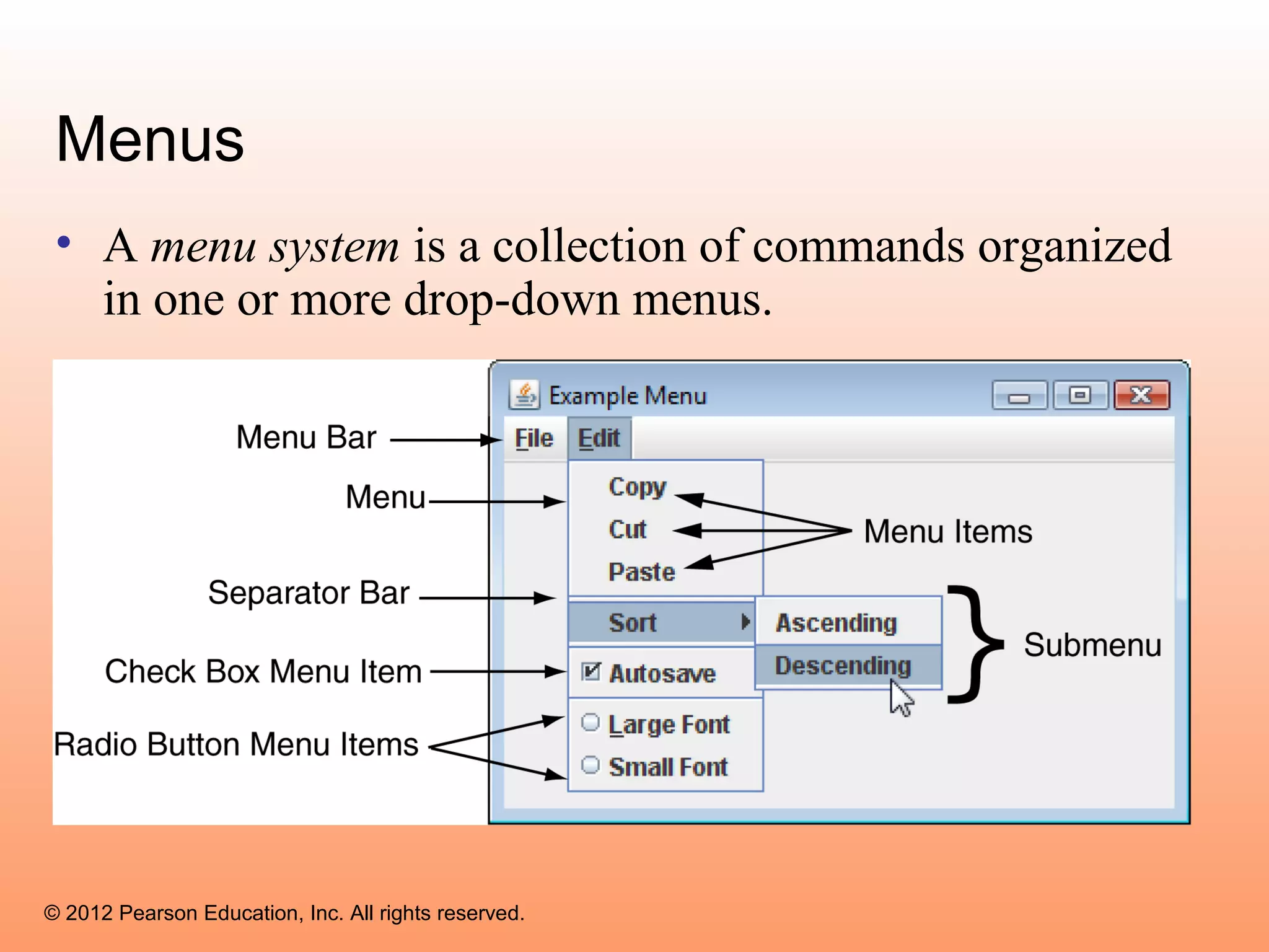 Menus
 • A menu system is a collection of commands organized
   in one or more drop-down menus.




© 2012 Pearson Education, Inc. All rights reserved.
 