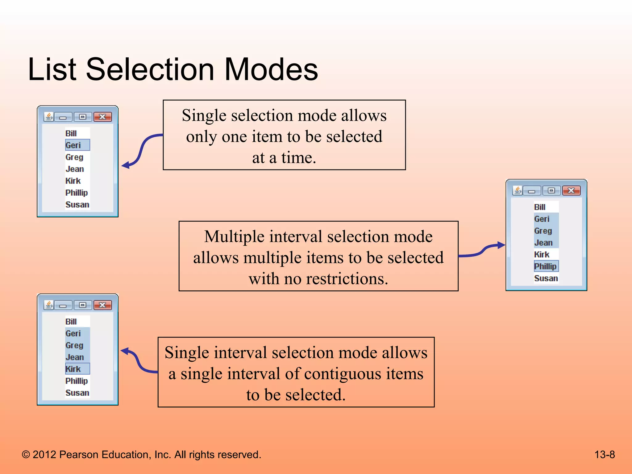 List Selection Modes
                                 Single selection mode allows
                                 only one item to be selected
                                           at a time.



                                      Multiple interval selection mode
                                    allows multiple items to be selected
                                            with no restrictions.



                              Single interval selection mode allows
                              a single interval of contiguous items
                                          to be selected.


© 2012 Pearson Education, Inc. All rights reserved.                        13-8
 