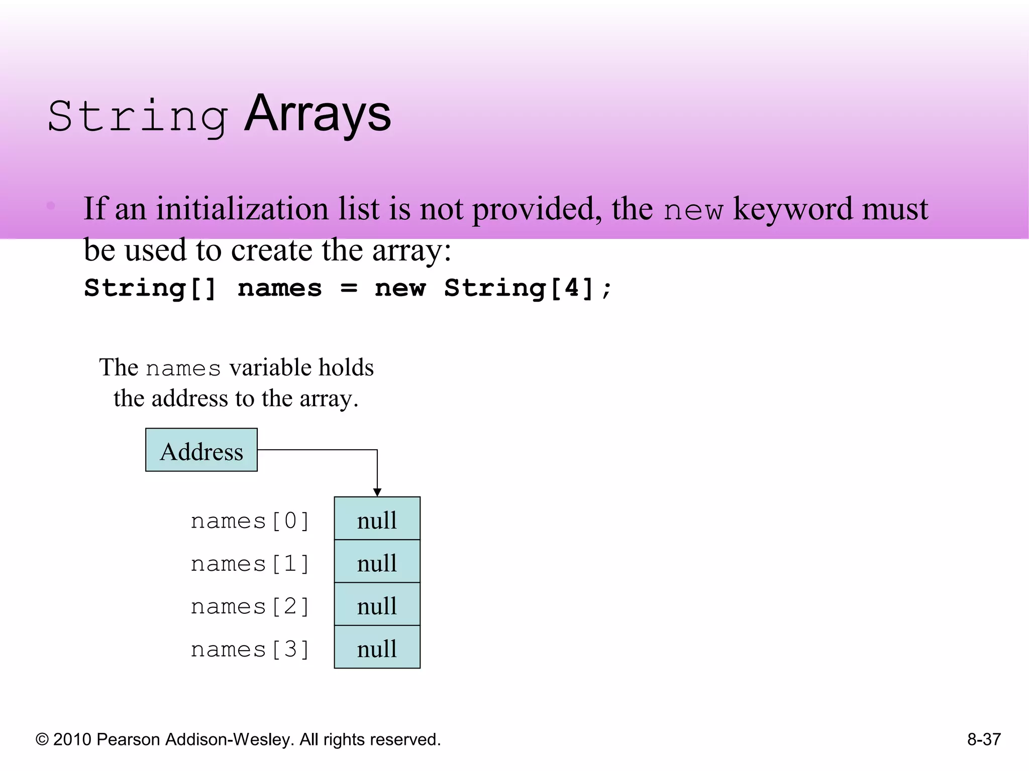 © 2010 Pearson Addison-Wesley. All rights reserved. 8-37
String Arrays
• If an initialization list is not provided, the new keyword must
be used to create the array:
String[] names = new String[4];
The names variable holds
the address to the array.
Address
null
null
null
null
names[1]
names[0]
names[3]
names[2]
 