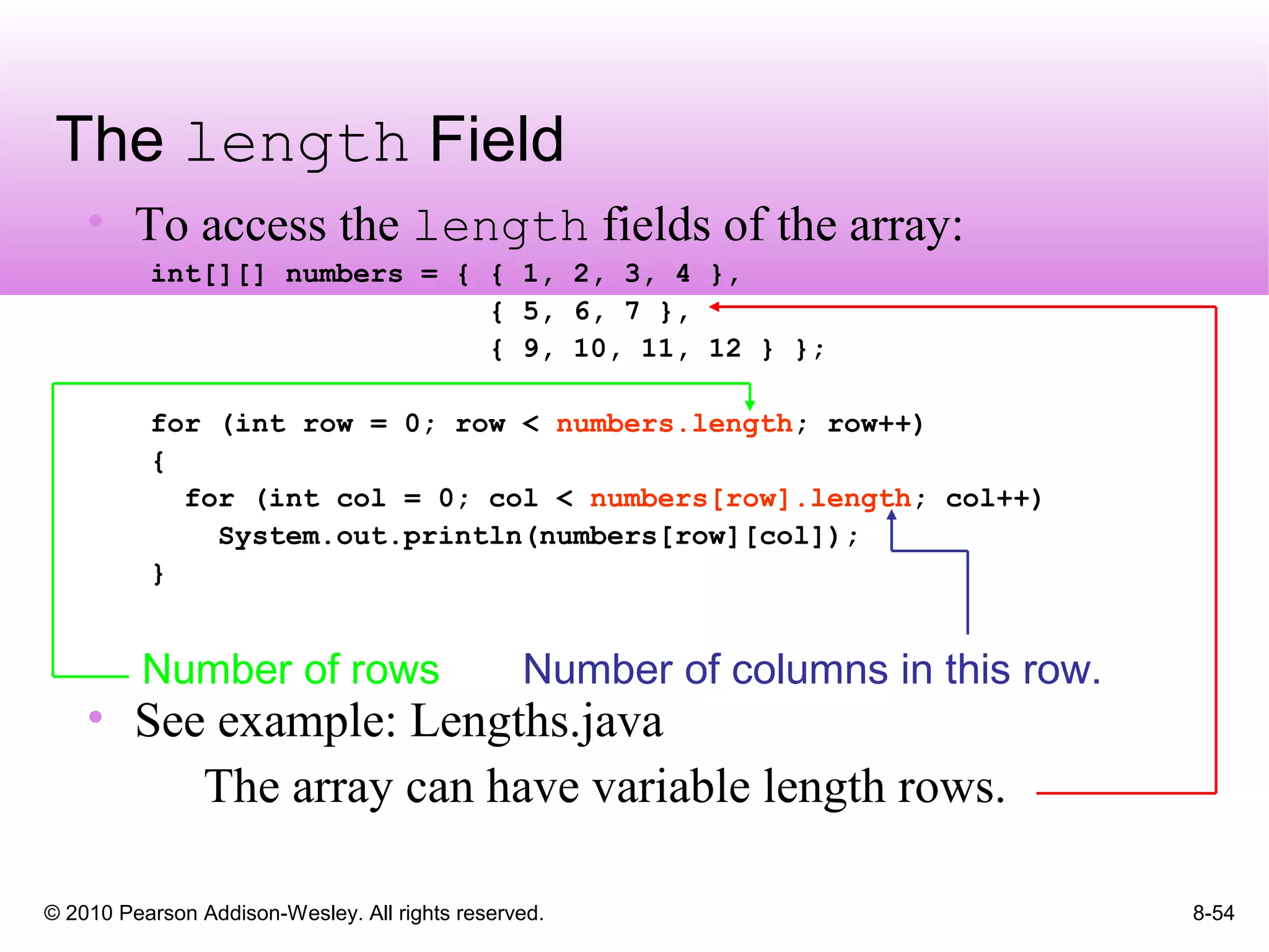 © 2010 Pearson Addison-Wesley. All rights reserved. 8-54
The length Field
• To access the length fields of the array:
int[][] numbers = { { 1, 2, 3, 4 },
{ 5, 6, 7 },
{ 9, 10, 11, 12 } };
for (int row = 0; row < numbers.length; row++)
{
for (int col = 0; col < numbers[row].length; col++)
System.out.println(numbers[row][col]);
}
• See example: Lengths.java
Number of rows Number of columns in this row.
The array can have variable length rows.
 