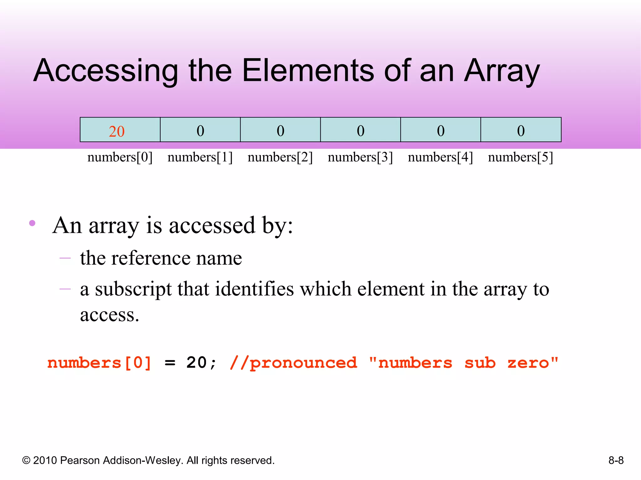© 2010 Pearson Addison-Wesley. All rights reserved. 8-8
Accessing the Elements of an Array
• An array is accessed by:
– the reference name
– a subscript that identifies which element in the array to
access.
numbers[0] = 20; //pronounced "numbers sub zero"
numbers[0]
0
numbers[1]
0
numbers[2]
0
numbers[3]
0
numbers[4]
0
numbers[5]
20
 