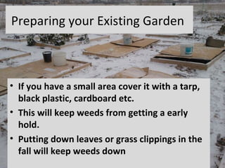 Preparing your Existing Garden



• If you have a small area cover it with a tarp,
  black plastic, cardboard etc.
• This will keep weeds from getting a early
  hold.
• Putting down leaves or grass clippings in the
  fall will keep weeds down
 
