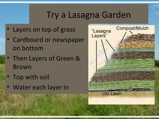 Try a Lasagna Garden
• Layers on top of grass
• Cardboard or newspaper
  on bottom
• Then Layers of Green &
  Brown
• Top with soil
• Water each layer in
 