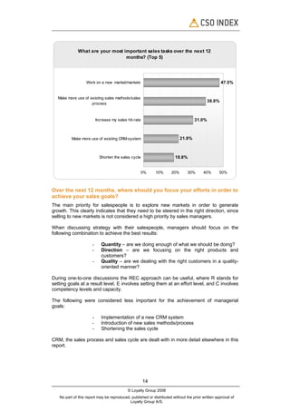 What are your most important sales tasks over the next 12
                                 months? (Top 5)




                  Work on a new market/markets                                                     47.5%


   Make more use of existing sales methods/sales
                                                                                           38.8%
                     process



                          Increase my sales hit-rate                               31.0%



          Make more use of existing CRM-system                             21.9%



                            Shorten the sales cycle                    18.8%


                                                   0%       10%      20%       30%      40%       50%



Over the next 12 months, where should you focus your efforts in order to
achieve your sales goals?
The main priority for salespeople is to explore new markets in order to generate
growth. This clearly indicates that they need to be steered in the right direction, since
selling to new markets is not considered a high priority by sales managers.

When discussing strategy with their salespeople, managers should focus on the
following combination to achieve the best results:

                      -      Quantity – are we doing enough of what we should be doing?
                      -      Direction – are we focusing on the right products and
                             customers?
                      -      Quality – are we dealing with the right customers in a quality-
                             oriented manner?

During one-to-one discussions the REC approach can be useful, where R stands for
setting goals at a result level, E involves setting them at an effort level, and C involves
competency levels and capacity.

The following were considered less important for the achievement of managerial
goals:

                      -      Implementation of a new CRM system
                      -      Introduction of new sales methods/process
                      -      Shortening the sales cycle

CRM, the sales process and sales cycle are dealt with in more detail elsewhere in this
report.




                                                       14
                                            © Loyalty Group 2008
   No part of this report may be reproduced, published or distributed without the prior written approval of
                                            Loyalty Group A/S.
 