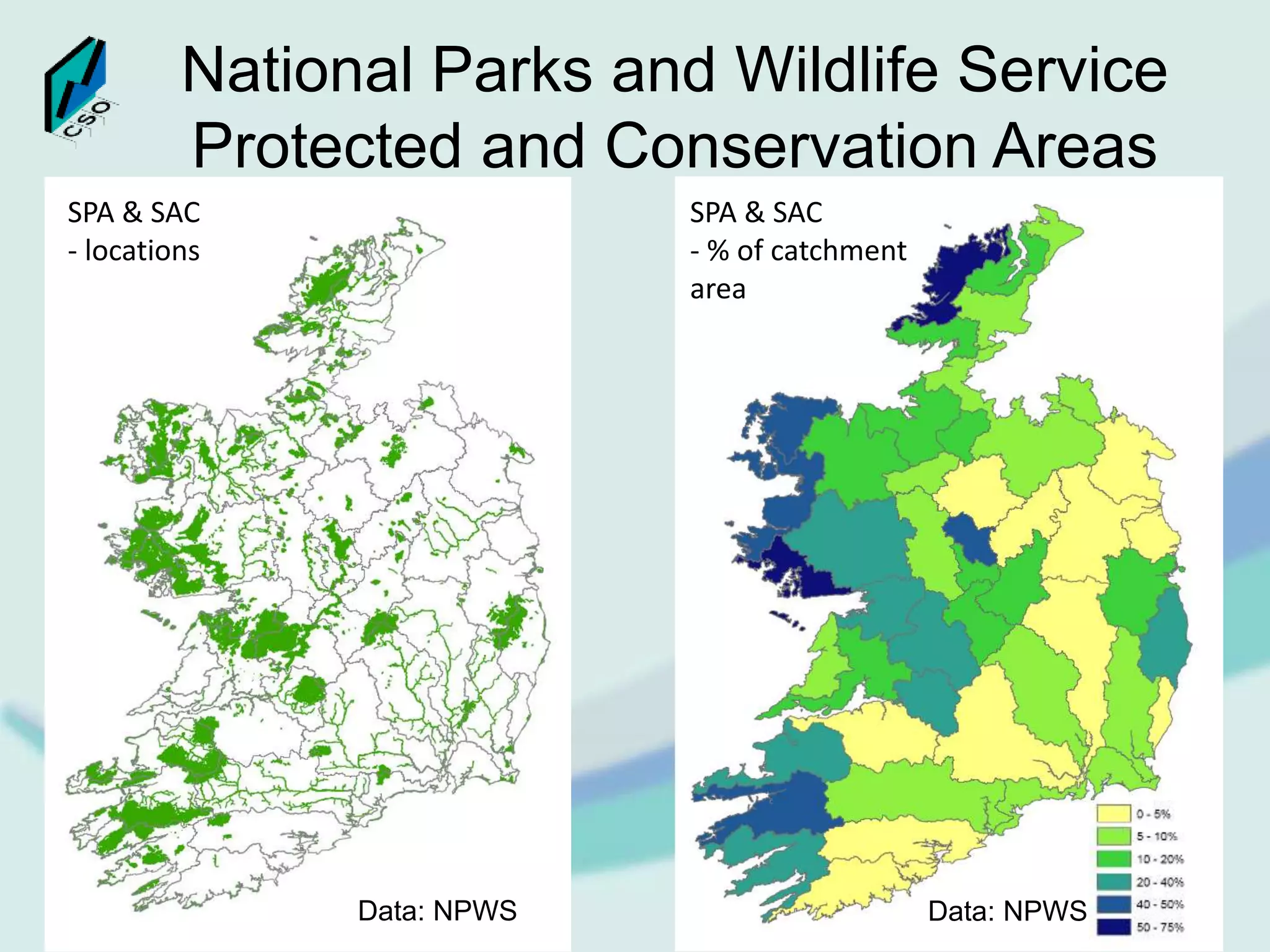 National Parks and Wildlife Service
Protected and Conservation Areas
18
SPA & SAC
- locations
SPA & SAC
- % of catchment
area
Data: NPWSData: NPWS
 