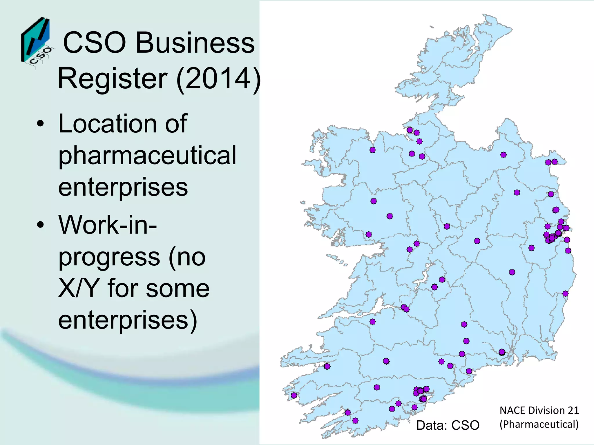 CSO Business
Register (2014)
• Location of
pharmaceutical
enterprises
• Work-in-
progress (no
X/Y for some
enterprises)
NACE Division 21
(Pharmaceutical)Data: CSO
 