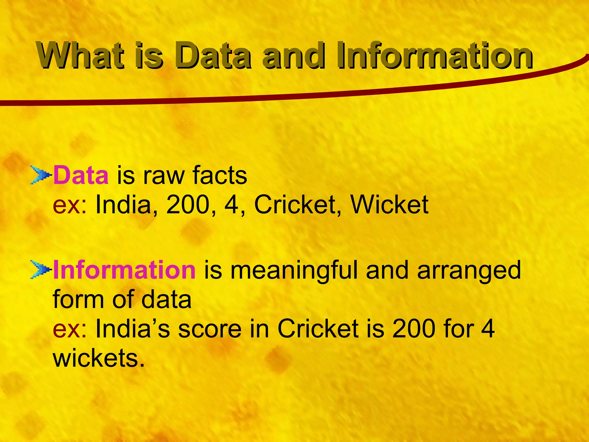 What is Data and Information Data  is raw facts ex:  India, 200, 4, Cricket, Wicket Information  is meaningful and arranged form of data ex:  India’s score in Cricket is 200 for 4 wickets. 