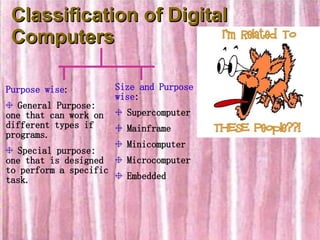 Classification of Digital Computers Size and Purpose wise : Supercomputer Mainframe Minicomputer Microcomputer Embedded Purpose wise : General Purpose: one that can work on different types if programs. Special purpose: one that is designed to perform a specific task. 