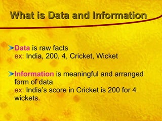 What is Data and Information Data  is raw facts ex:  India, 200, 4, Cricket, Wicket Information  is meaningful and arranged form of data ex:  India’s score in Cricket is 200 for 4 wickets. 