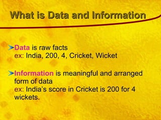 What is Data and Information Data  is raw facts ex:  India, 200, 4, Cricket, Wicket Information  is meaningful and arranged form of data ex:  India’s score in Cricket is 200 for 4 wickets. 