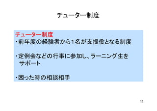 チューター制度

チューター制度
・前年度の経験者から１名が支援役となる制度

・定例会などの行事に参加し、ラーニング生を
 サポート

・困った時の相談相手


                        11
 