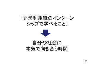 「非営利組織のインターン
  シップで学べること」


  自分や社会に
 本気で向き合う時間

               29
 