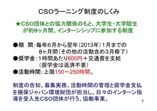 ＣＳＯラーニング制度のしくみ
★ＣＳＯ団体との協力関係のもと、大学生・大学院生
 が約８ヶ月間、インターンシップに参加する制度

●期 間：毎年６月から翌年（2013年）１月までの
     ８ヶ月間（その他の活動含め３月修了）
            800
●奨学金：１時間あたり800円＋交通費を支給
     （奨学金は返済不要）
●活動時間：上限150～250時間。

制度の告知、募集実務、活動時間の管理と奨学金支払
を損保ジャパン環境財団が担当し、日々のインターン指
導を受入先ＣＳＯ団体が行う、協働事業。      7
 