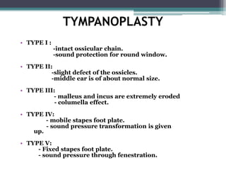 TYMPANOPLASTY
• TYPE I :
-intact ossicular chain.
-sound protection for round window.
• TYPE II:
-slight defect of the ossicles.
-middle ear is of about normal size.
• TYPE III:
- malleus and incus are extremely eroded
- columella effect.
• TYPE IV:
- mobile stapes foot plate.
- sound pressure transformation is given
up.
• TYPE V:
- Fixed stapes foot plate.
- sound pressure through fenestration.
 