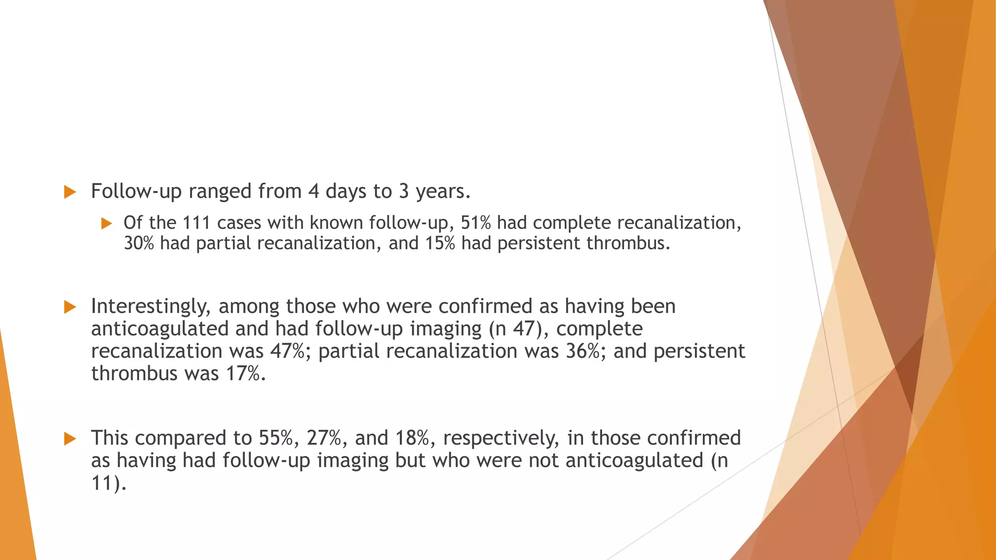  Follow-up ranged from 4 days to 3 years.
 Of the 111 cases with known follow-up, 51% had complete recanalization,
30% had partial recanalization, and 15% had persistent thrombus.
 Interestingly, among those who were confirmed as having been
anticoagulated and had follow-up imaging (n 47), complete
recanalization was 47%; partial recanalization was 36%; and persistent
thrombus was 17%.
 This compared to 55%, 27%, and 18%, respectively, in those confirmed
as having had follow-up imaging but who were not anticoagulated (n
11).
 