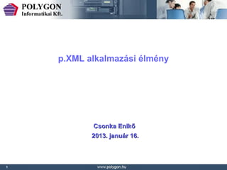 p.XML alkalmazási élmény




           Csonka Enikő
           2013. január 16.



1
 