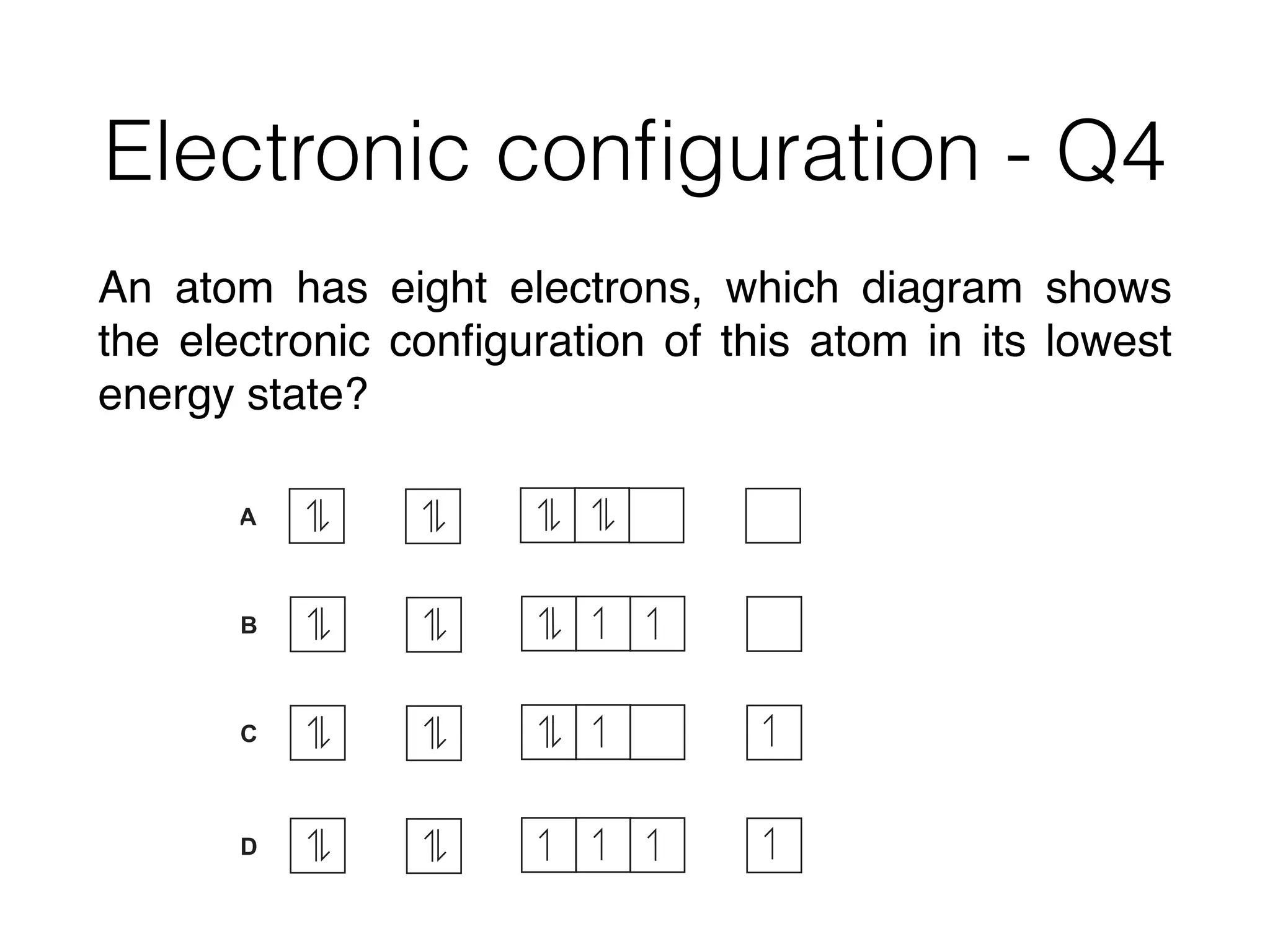 Electronic conﬁguration - Q4
An atom has eight electrons, which diagram shows
the electronic conﬁguration of this atom in its lowest
energy state?
3
4 Use of the Data Booklet is relevant to this question.
It is now thought that where an element exists as several isotopes, the stable ones usually
contain a ‘magic number’ of neutrons. One of these magic numbers is 126.
Which isotope is unstable?
A 209
Bi B 208
Pb C 210
Po D 208
Tl
5 An atom has eight electrons.
Which diagram shows the electronic configuration of this atom in its lowest energy state?
6 The gecko, a small lizard, can climb up a smooth glass window. The gecko has millions o
A
B
C
D
 