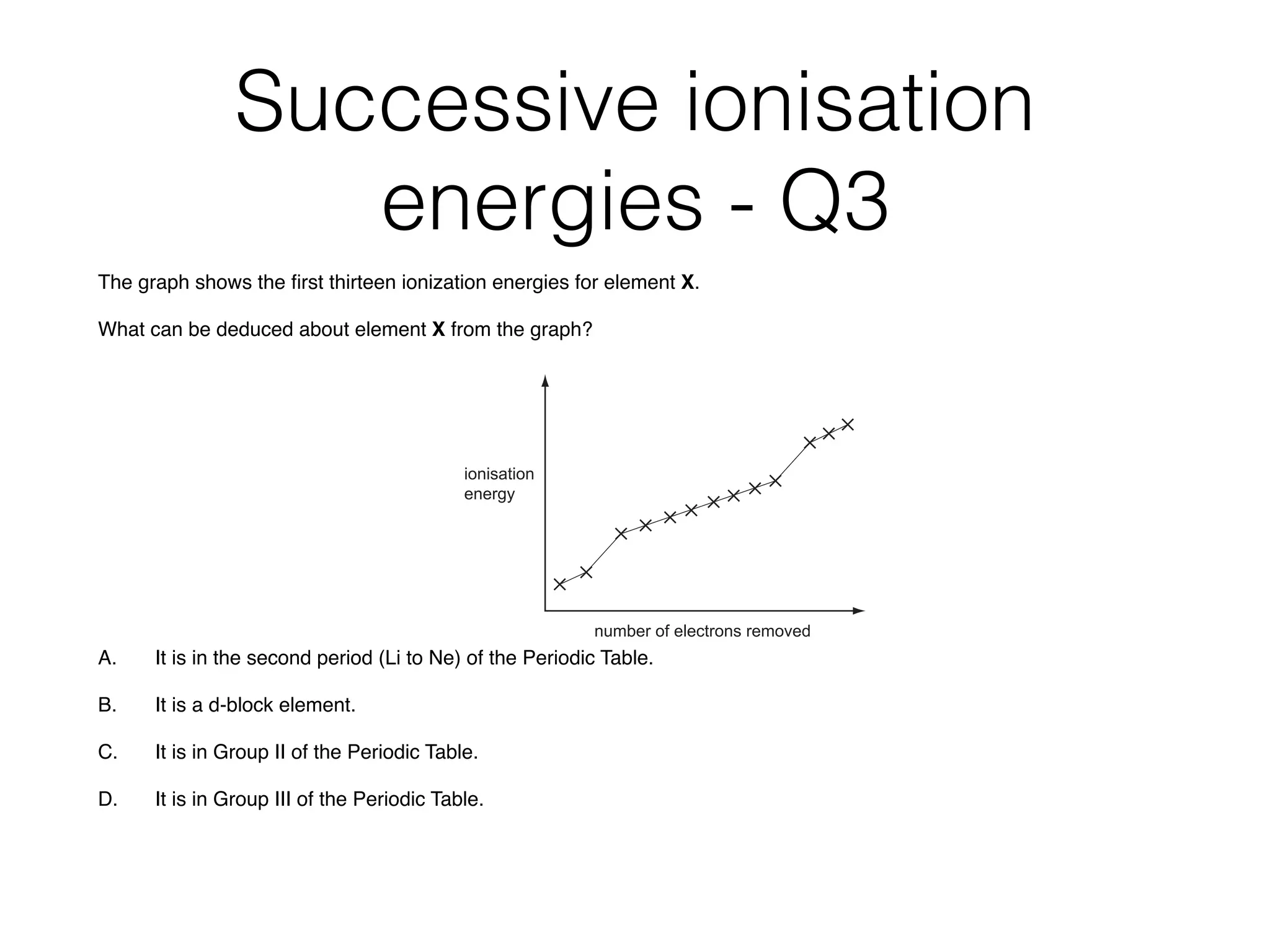 Successive ionisation
energies - Q3
The graph shows the ﬁrst thirteen ionization energies for element X.
What can be deduced about element X from the graph?
A. It is in the second period (Li to Ne) of the Periodic Table.
B. It is a d-block element.
C. It is in Group II of the Periodic Table.
D. It is in Group III of the Periodic Table.
3
4 The graph shows the first thirteen ionisation energies for element X.
number of electrons removed
ionisation
energy
What can be deduced about element X from the graph?
A It is in the second period (Li to Ne) of the Periodic Table.
B It is a d-block element.
C It is in Group II of the Periodic Table.
D It is in Group III of the Periodic Table.
5 Hydrogen bonding can occur between molecules of methanal, HCHO, and molecules of liquid Y.
What could liquid Y be?
A CH3OH
 