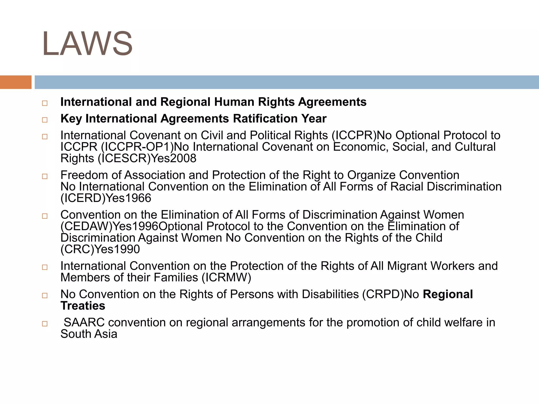 LAWS
   International and Regional Human Rights Agreements
   Key International Agreements Ratification Year
   International Covenant on Civil and Political Rights (ICCPR)No Optional Protocol to
    ICCPR (ICCPR-OP1)No International Covenant on Economic, Social, and Cultural
    Rights (ICESCR)Yes2008
   Freedom of Association and Protection of the Right to Organize Convention
    No International Convention on the Elimination of All Forms of Racial Discrimination
    (ICERD)Yes1966
   Convention on the Elimination of All Forms of Discrimination Against Women
    (CEDAW)Yes1996Optional Protocol to the Convention on the Elimination of
    Discrimination Against Women No Convention on the Rights of the Child
    (CRC)Yes1990
   International Convention on the Protection of the Rights of All Migrant Workers and
    Members of their Families (ICRMW)
   No Convention on the Rights of Persons with Disabilities (CRPD)No Regional
    Treaties
    SAARC convention on regional arrangements for the promotion of child welfare in
    South Asia
 