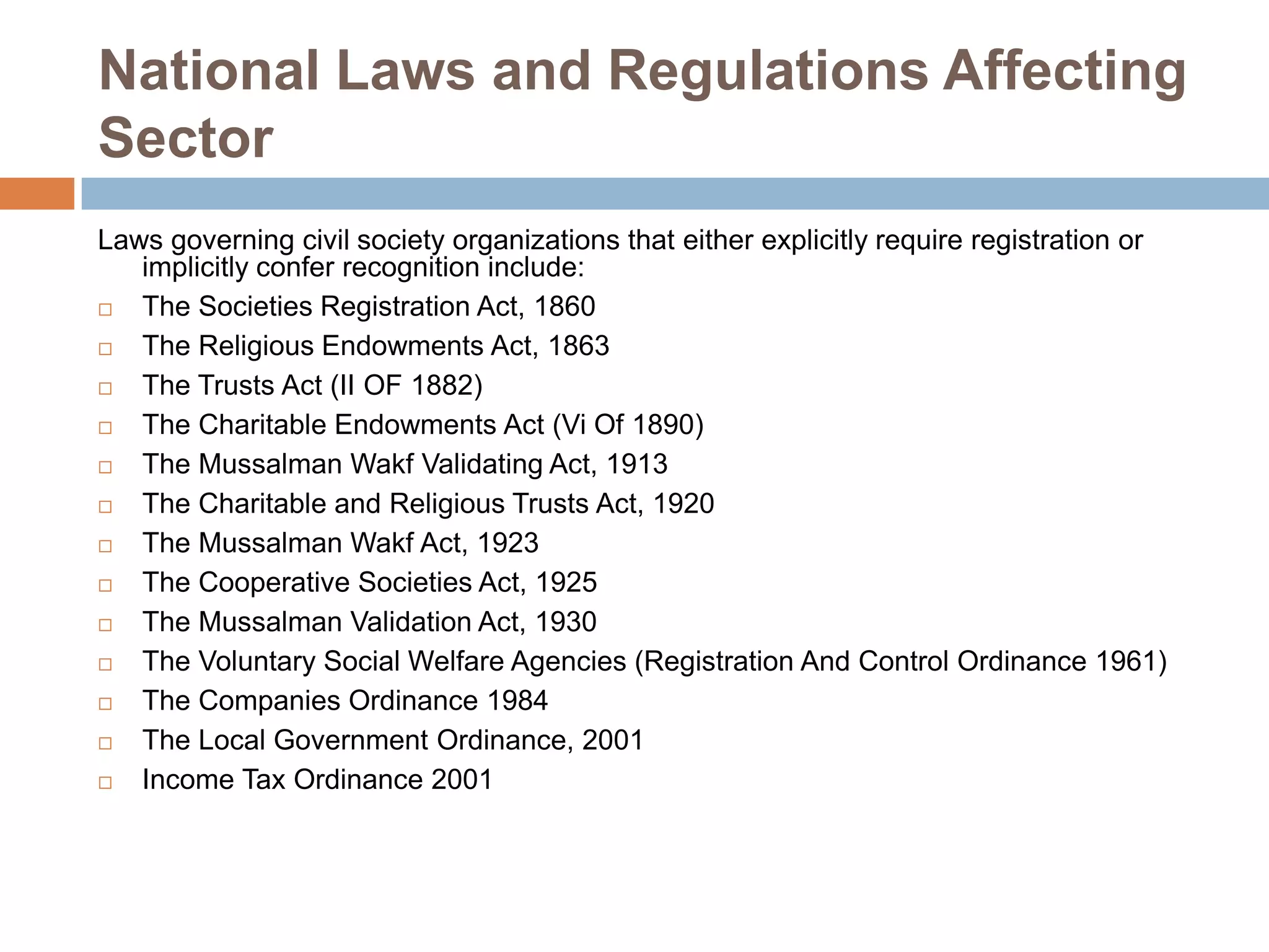 National Laws and Regulations Affecting
Sector
Laws governing civil society organizations that either explicitly require registration or
   implicitly confer recognition include:
  The Societies Registration Act, 1860
  The Religious Endowments Act, 1863
  The Trusts Act (II OF 1882)
  The Charitable Endowments Act (Vi Of 1890)
  The Mussalman Wakf Validating Act, 1913
  The Charitable and Religious Trusts Act, 1920
  The Mussalman Wakf Act, 1923
  The Cooperative Societies Act, 1925
  The Mussalman Validation Act, 1930
  The Voluntary Social Welfare Agencies (Registration And Control Ordinance 1961)
  The Companies Ordinance 1984
  The Local Government Ordinance, 2001
  Income Tax Ordinance 2001
 