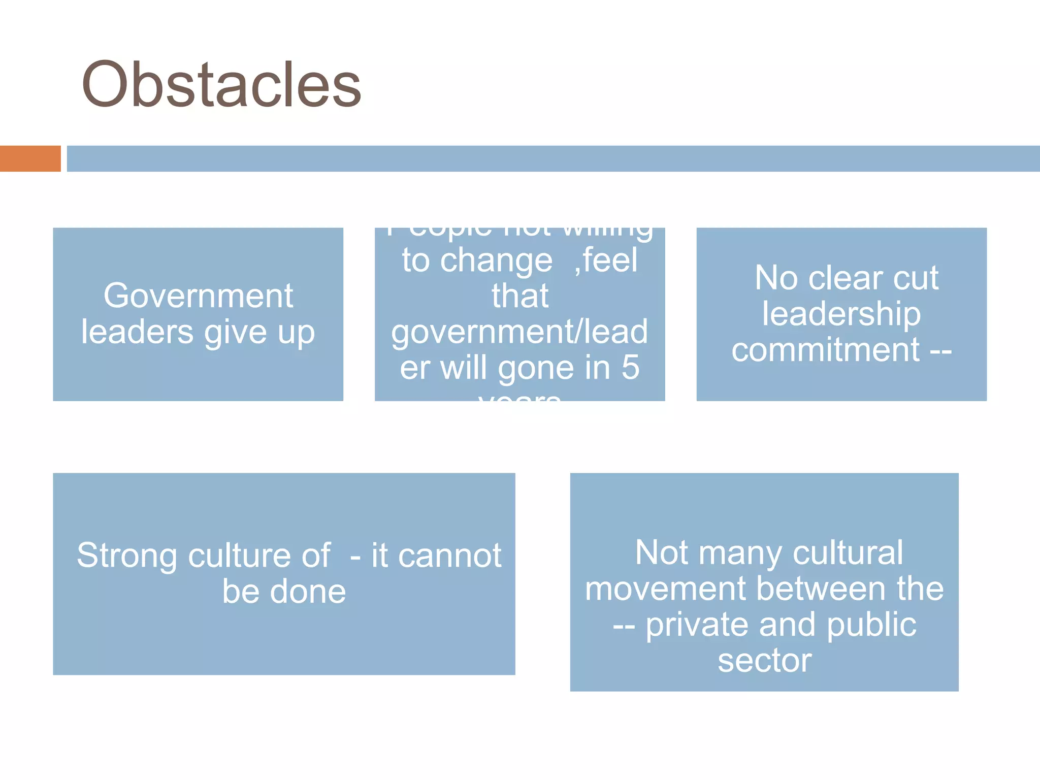 Obstacles

                     People not willing
                      to change ,feel
                                           No clear cut
  Government                 that
                                            leadership
leaders give up      government/lead
                                          commitment --
                      er will gone in 5
                            years



Strong culture of - it cannot        Not many cultural
         be done                  movement between the
                                   -- private and public
                                           sector
 