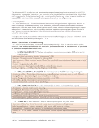 The 2021 CSO Sustainability Index for the Middle East and North Africa 93
This definition of CSO includes informal, unregistered groups and movements, but to be included in the CSOSI,
the movement must possess the structure and continuity to be distinguished from a single gathering of individuals
and from personal or family relationships. In many countries political parties and private companies establish and
support CSOs, but these entities are usually either public, for-profit, or not self-governing.
Civil Society Sector
The CSOSI defines the CSO sector to include all of the following: non-governmental organizations (focused on
advocacy, oversight, or service provision), social movements, community-based organizations and faith-based
organizations, trade and labor unions, women’s groups, youth groups, resource centers and intermediary support
organizations, research institutes and think tanks, professional associations, cooperatives, and natural resource
users’ groups, recreational organizations, cultural institutions, social enterprises, and informal movements,
networks, and campaigns.
Throughout the report, please address differences between these different types of CSOs and note where trends
and developments have affected specific types of CSOs.
Seven Dimensions of Sustainability
The CSOSI measures sustainability across seven dimensions by analyzing a series of indicators related to each
dimension. (see Scoring: Dimensions and Indicators, provided as Annex A, for the full list of questions
to guide your analysis of each indicator):
1- LEGAL ENVIRONMENT: The legal and regulatory environment governing the CSO sector and its
implementation.
2- ORGANIZATIONAL CAPACITY: The internal capacity of the CSO sector to pursue its goals
Constituency Building – Relationships with individuals or groups affected by or interested in issues on which CSOs work
Strategic Planning – Organizational goals and priorities for a set timeframe
Internal Management – Structures and processes to guide the work of CSOs
CSO Staffing – Quality and management of human resources
Technical Advancement – Access to and use of technology
3- FINANCIAL VIABILITY: The CSO sector’s access to various sources of financial support
Diversification – Access to multiple sources of funding
Local Support - Domestic sources of funding and resources
Foreign Support – Foreign sources of funding and resources
Fundraising – CSOs’ capacity to raise funds
Earned Income – Revenue generated from the sale of products and services
Financial Management Systems – Processes, procedures and tools to manage financial resources and operations.
4- ADVOCACY: The CSO sector’s ability to influence public opinion and public policy
Registration – Legal procedures to formalize the existence of a CSO
Operation – The enforcement of the laws and its effects on CSOs
State Harassment – Abuses committed against CSOs and their members by state institutions and groups acting on behalf
of the state
Taxation – Tax policies that affect CSOs
Access to Resources – Legal opportunities for CSOs to mobilize financial resources
Local Legal Capacity – Availability and quality of legal expertise for CSOs
Cooperation with Local and Central Government – Access to government decision-making processes
Policy Advocacy Initiatives – Initiatives to shape the public agenda, public opinion, or legislation
Lobbying Efforts – Engagement with lawmakers to directly influence the legislative process
Advocacy for CSO Law Reform – Initiatives to promote a more favorable legal and regulatory framework for the CSO
sector
 