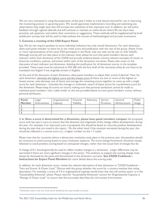 The 2021 CSO Sustainability Index for the Middle East and North Africa 86
We are very interested in using the preparation of this year’s Index to track lessons learned for use in improving
the monitoring process in upcoming years. We would appreciate implementers recording and submitting any
observations they might have that will increase the usefulness of this important tool. In addition, we will solicit
feedback through regional debriefs and will continue to maintain an online forum where IPs can share best
practices, ask questions, and submit their comments or suggestions. These methods will be supplemented by brief
satisfaction surveys that will be used to help evaluate the success of methodological and process innovations.
3. Convene a meeting of the CSO Expert Panel.
3.a. We do not require panelists to score individual indicators but only overall dimensions. For each dimension,
allow each panel member to share his or her initial score and justification with the rest of the group. (Note: If two
or more representatives of the same CSO participate in the Panel, only one vote can be cast on their behalf.)
Although scoring will not take place at the indicator level, please be sure that panel members discuss each
indicator within each dimension of the CSOSI and provide evidence-based, country-relevant examples of recent or
historical conditions, policies, and events within each of the dimension narratives. Please take notes on the
discussion of each indicator and dimension, detailing the justification for all dimension scores, in the template
provided. These notes must be submitted to FHI 360 with the first draft of the narratives (they do not have to be
translated into English if not originally written in English).
At the end of the discussion of each dimension, allow panel members to adjust their scores if desired. Then, for
each dimension, eliminate the highest score and the lowest score (if there are two or more of the highest or
lowest scores, only eliminate one of them) and average the remaining scores together to come up with a single
score for each dimension. Calculate the average or arithmetic mean3 of these scores for a preliminary score for
the dimension. Please keep all scores on record, making sure that personal attribution cannot be made to
individual panel members. Use a table similar to the one provided below to track panel members’ scores without
personal attribution.
Panel
Member
Legal
Environment
Organizational
Capacity
Financial
Viability
Advocacy Service
Provision
Sectoral
Infrastructure
Public
Image
1
2
3
3. b. Once a score is determined for a dimension, please have panel members compare the proposed
score with last year’s score to ensure that the direction and magnitude of the change reflect developments during
the year. For example, if an improved score is proposed, this should be based on concrete positive developments
during the year that are noted in the report. On the other hand, if the situation worsened during the year, this
should be reflected in a worse score (i.e., a higher number on the 1-7 scale).
Please note that for countries where a democratic revolution took place in the previous year, the panelists should
be conscious to avoid scoring based on post-revolution euphoria. The score-change framework should be closely
followed to avoid panelists scoring based on anticipated changes, rather than the actual level of change thus far.
A change of 0.1 should generally be used to reflect modest changes in a dimension. Larger differences may be
warranted if there are more significant changes in the sector. The evidence to support the scoring change must
always be discussed by the panel and documented in the dimension narrative. See CSOSI Codebook –
Instructions for Expert Panel Members for more details about this scoring scale.
In addition, for each dimension score, review the relevant description of that dimension in “CSOSI Codebook –
Tiers and Scores: A Closer Look.” Discuss with the group whether the score for a country matches that rating
description. For example, a score of 2.3 in organizational capacity would mean that the civil society sector is in the
“Sustainability Enhanced” phase. Please read the “Sustainability Enhanced” section for Organizational Capacity in
“Ratings: A Closer Look” to ensure that this accurately describes the civil society environment.
3
Arithmetic mean is the sum of all scores divided by the total number of scores.
 