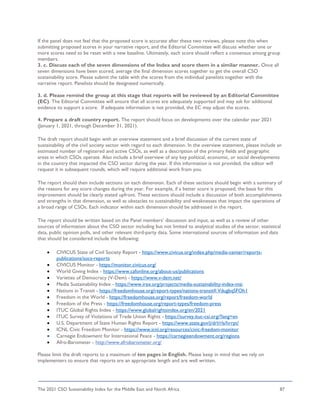 The 2021 CSO Sustainability Index for the Middle East and North Africa 87
If the panel does not feel that the proposed score is accurate after these two reviews, please note this when
submitting proposed scores in your narrative report, and the Editorial Committee will discuss whether one or
more scores need to be reset with a new baseline. Ultimately, each score should reflect a consensus among group
members.
3. c. Discuss each of the seven dimensions of the Index and score them in a similar manner. Once all
seven dimensions have been scored, average the final dimension scores together to get the overall CSO
sustainability score. Please submit the table with the scores from the individual panelists together with the
narrative report. Panelists should be designated numerically.
3. d. Please remind the group at this stage that reports will be reviewed by an Editorial Committee
(EC). The Editorial Committee will ensure that all scores are adequately supported and may ask for additional
evidence to support a score. If adequate information is not provided, the EC may adjust the scores.
4. Prepare a draft country report. The report should focus on developments over the calendar year 2021
(January 1, 2021, through December 31, 2021).
The draft report should begin with an overview statement and a brief discussion of the current state of
sustainability of the civil society sector with regard to each dimension. In the overview statement, please include an
estimated number of registered and active CSOs, as well as a description of the primary fields and geographic
areas in which CSOs operate. Also include a brief overview of any key political, economic, or social developments
in the country that impacted the CSO sector during the year. If this information is not provided, the editor will
request it in subsequent rounds, which will require additional work from you.
The report should then include sections on each dimension. Each of these sections should begin with a summary of
the reasons for any score changes during the year. For example, if a better score is proposed, the basis for this
improvement should be clearly stated upfront. These sections should include a discussion of both accomplishments
and strengths in that dimension, as well as obstacles to sustainability and weaknesses that impact the operations of
a broad range of CSOs. Each indicator within each dimension should be addressed in the report.
The report should be written based on the Panel members’ discussion and input, as well as a review of other
sources of information about the CSO sector including but not limited to analytical studies of the sector, statistical
data, public opinion polls, and other relevant third-party data. Some international sources of information and data
that should be considered include the following:
• CIVICUS State of Civil Society Report - https://www.civicus.org/index.php/media-center/reports-
publications/socs-reports
• CIVICUS Monitor - https://monitor.civicus.org/
• World Giving Index - https://www.cafonline.org/about-us/publications
• Varieties of Democracy (V-Dem) - https://www.v-dem.net/
• Media Sustainability Index - https://www.irex.org/projects/media-sustainability-index-msi
• Nations in Transit - https://freedomhouse.org/report-types/nations-transit#.VdugbqSFOh1
• Freedom in the World - https://freedomhouse.org/report/freedom-world
• Freedom of the Press - https://freedomhouse.org/report-types/freedom-press
• ITUC Global Rights Index - https://www.globalrightsindex.org/en/2021
• ITUC Survey of Violations of Trade Union Rights - https://survey.ituc-csi.org/?lang=en
• U.S. Department of State Human Rights Report - https://www.state.gov/j/drl/rls/hrrpt/
• ICNL Civic Freedom Monitor - https://www.icnl.org/resources/civic-freedom-monitor
• Carnegie Endowment for International Peace - https://carnegieendowment.org/regions
• Afro-Barometer - http://www.afrobarometer.org/
Please limit the draft reports to a maximum of ten pages in English. Please keep in mind that we rely on
implementers to ensure that reports are an appropriate length and are well written.
 