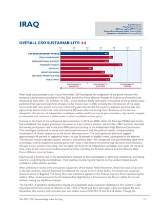 The 2021 CSO Sustainability Index for Iraq 17
IRAQ
OVERALL CSO SUSTAINABILITY: 4.6
After large-scale protests across Iraq in November 2019 prompted the resignation of the prime minister, the
temporary government established in May 2020 and led by Prime Minister Mustafa Al-Kadhimi promised to hold
elections by early 2021. On October 10, 2021, those elections finally took place. In response to the protests, Iraq’s
parliament had approved significant changes to the election law in 2020, including the introduction of the single
non-transferable vote system and a new redistricting plan that divided the country’s eighteen governorates into
eighty-three electoral districts, with parliament’s 329 seats allocated among them. Revisions to the law also
allowed for the election of independent candidates—while candidates may be party members, they would compete
as individuals and could not transfer votes to other candidates in their party.
Coming on the heels of the widespread demonstrations in 2019 and 2020, which the Carnegie Middle East Center
had considered “the largest grassroots movement in Iraq’s modern history,” the October 2021 elections recorded
the lowest participation rate in the post-2003 period according to the Independent High Electoral Commission.
This was largely attributed to broad and continuing frustrations with the political system, compounded by
recollections of violent responses to the earlier demonstrations. The most generous estimates suggest
approximately 44 percent of registered voters, or just 36 percent of eligible voters, participated in the election.
The election results surprised citizens, monitors, and political elites. An unexpected nine parliamentary seats went
to Emtidad, a newly established political party with roots in the protest movement that had led to early elections.
Ishraqat Kanon, another new party, won six seats, and forty-three independent candidates won seats. At the same
time, some of the most active traditional political elites, including the Al-Fateh Alliance and the National State
Forces Alliance, incurred losses.
CSOs played a positive role in the parliamentary elections as they participated in observing, monitoring, and raising
awareness regarding the electoral laws. Their election monitoring and reports on the election helped ensure
confidence in the election process.
After preliminary results were announced, supporters of the Islamic Fatah Movement, which lost seats it had won
in the last elections, claimed that fraud had affected the results in favor of the Sadrist movement and organized
demonstrations in Baghdad. The losing blocs also submitted appeals to the Federal Supreme Court questioning the
validity of the results announced by the Independent High Electoral Commission; the Court ratified the results
without making any significant changes.
The COVID-19 pandemic continued to impact and exacerbate socio-economic challenges in the country in 2021.
Iraq experienced two waves of infection in 2021, first in March and April then again in July and August. By early
November, the country had recorded over two million cases of COVID-19 and 23,344 deaths. Though the
Capital: Baghdad
Population: 40,462,701
GDP per capita (PPP): $9,300
Human Development Index: Medium (0.686)
Freedom in the World: Not free (29/100)
 