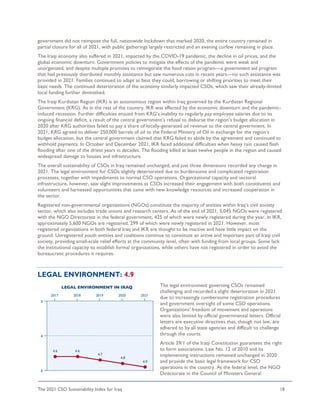 The 2021 CSO Sustainability Index for Iraq 18
government did not reimpose the full, nationwide lockdown that marked 2020, the entire country remained in
partial closure for all of 2021, with public gatherings largely restricted and an evening curfew remaining in place.
The Iraqi economy also suffered in 2021, impacted by the COVID-19 pandemic, the decline in oil prices, and the
global economic downturn. Government policies to mitigate the effects of the pandemic were weak and
unorganized, and despite multiple promises to reinvigorate the food ration program—a government aid program
that had previously distributed monthly assistance but saw numerous cuts in recent years—no such assistance was
provided in 2021. Families continued to adapt as best they could, borrowing or shifting priorities to meet their
basic needs. The continued deterioration of the economy similarly impacted CSOs, which saw their already-limited
local funding further diminished.
The Iraqi Kurdistan Region (IKR) is an autonomous region within Iraq governed by the Kurdistan Regional
Government (KRG). As in the rest of the country, IKR was affected by the economic downturn and the pandemic-
induced recession. Further difficulties ensued from KRG’s inability to regularly pay employee salaries due to its
ongoing financial deficit, a result of the central government’s refusal to disburse the region’s budget allocation in
2020 after KRG authorities failed to pay a share of locally-generated oil revenue to the central government. In
2021, KRG agreed to deliver 250,000 barrels of oil to the Federal Ministry of Oil in exchange for the region’s
budget allocation, but the central government claimed that KRG failed to abide by the agreement and continued to
withhold payments. In October and December 2021, IKR faced additional difficulties when heavy rain caused flash
flooding after one of the driest years in decades. The flooding killed at least twelve people in the region and caused
widespread damage to houses and infrastructure.
The overall sustainability of CSOs in Iraq remained unchanged, and just three dimensions recorded any change in
2021. The legal environment for CSOs slightly deteriorated due to burdensome and complicated registration
processes, together with impediments to normal CSO operations. Organizational capacity and sectoral
infrastructure, however, saw slight improvements as CSOs increased their engagement with both constituents and
volunteers and harnessed opportunities that came with new knowledge resources and increased cooperation in
the sector.
Registered non-governmental organizations (NGOs) constitute the majority of entities within Iraq’s civil society
sector, which also includes trade unions and research centers. As of the end of 2021, 5,045 NGOs were registered
with the NGO Directorate in the federal government, 425 of which were newly registered during the year. In IKR,
approximately 5,600 NGOs are registered, 299 of which were newly registered in 2021. However, most
registered organizations in both federal Iraq and IKR are thought to be inactive and have little impact on the
ground. Unregistered youth entities and coalitions continue to constitute an active and important part of Iraqi civil
society, providing small-scale relief efforts at the community level, often with funding from local groups. Some lack
the institutional capacity to establish formal organizations, while others have not registered in order to avoid the
bureaucratic procedures it requires.
LEGAL ENVIRONMENT: 4.9
The legal environment governing CSOs remained
challenging and recorded a slight deterioration in 2021
due to increasingly cumbersome registration procedures
and government oversight of some CSO operations.
Organizations’ freedom of movement and operations
were also limited by official governmental letters. Official
letters are executive directives that, though not law, are
adhered to by all state agencies and difficult to challenge
through the courts.
Article 39/1 of the Iraqi Constitution guarantees the right
to form associations. Law No. 12 of 2010 and its
implementing instructions remained unchanged in 2020
and provide the basic legal framework for CSO
operations in the country. At the federal level, the NGO
Directorate in the Council of Ministers General
 