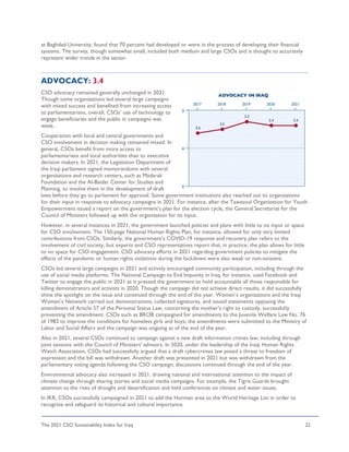 The 2021 CSO Sustainability Index for Iraq 22
at Baghdad University, found that 70 percent had developed or were in the process of developing their financial
systems. The survey, though somewhat small, included both medium and large CSOs and is thought to accurately
represent wider trends in the sector.
ADVOCACY: 3.4
CSO advocacy remained generally unchanged in 2021.
Though some organizations led several large campaigns
with mixed success and benefited from increasing access
to parliamentarians, overall, CSOs’ use of technology to
engage beneficiaries and the public in campaigns was
weak.
Cooperation with local and central governments and
CSO involvement in decision making remained mixed. In
general, CSOs benefit from more access to
parliamentarians and local authorities than to executive
decision makers. In 2021, the Legislation Department of
the Iraqi parliament signed memorandums with several
organizations and research centers, such as Madarak
Foundation and the Al-Baidar Center for Studies and
Planning, to involve them in the development of draft
laws before they go to parliament for approval. Some government institutions also reached out to organizations
for their input in response to advocacy campaigns in 2021. For instance, after the Tawasoul Organization for Youth
Empowerment issued a report on the government’s plan for the election cycle, the General Secretariat for the
Council of Ministers followed up with the organization for its input.
However, in several instances in 2021, the government launched policies and plans with little to no input or space
for CSO involvement. The 150-page National Human Rights Plan, for instance, allowed for only very limited
contributions from CSOs. Similarly, the government’s COVID-19 response and recovery plan refers to the
involvement of civil society, but experts and CSO representatives report that, in practice, the plan allows for little
to no space for CSO engagement. CSO advocacy efforts in 2021 regarding government policies to mitigate the
effects of the pandemic or human rights violations during the lockdown were also weak or non-existent.
CSOs led several large campaigns in 2021 and actively encouraged community participation, including through the
use of social media platforms. The National Campaign to End Impunity in Iraq, for instance, used Facebook and
Twitter to engage the public in 2021 as it pressed the government to hold accountable all those responsible for
killing demonstrators and activists in 2020. Though the campaign did not achieve direct results, it did successfully
shine the spotlight on the issue and continued through the end of the year. Women’s organizations and the Iraqi
Women’s Network carried out demonstrations, collected signatures, and issued statements opposing the
amendment of Article 57 of the Personal Status Law, concerning the mother’s right to custody, successfully
preventing the amendment. CSOs such as BROB campaigned for amendments to the Juvenile Welfare Law No. 76
of 1983 to improve the conditions for homeless girls and boys; the amendments were submitted to the Ministry of
Labor and Social Affairs and the campaign was ongoing as of the end of the year.
Also in 2021, several CSOs continued to campaign against a new draft information crimes law, including through
joint sessions with the Council of Ministers' advisors. In 2020, under the leadership of the Iraqi Human Rights
Watch Association, CSOs had successfully argued that a draft cybercrimes law posed a threat to freedom of
expression and the bill was withdrawn. Another draft was presented in 2021 but was withdrawn from the
parliamentary voting agenda following the CSO campaign; discussions continued through the end of the year.
Environmental advocacy also increased in 2021, drawing national and international attention to the impact of
climate change through sharing stories and social media campaigns. For example, the Tigris Guards brought
attention to the risks of drought and desertification and held conferences on climate and water issues.
In IKR, CSOs successfully campaigned in 2021 to add the Horman area to the World Heritage List in order to
recognize and safeguard its historical and cultural importance.
 