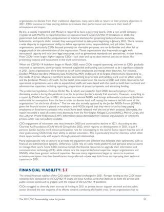 The 2021 CSO Sustainability Index for Jordan 30
organizations to deviate from their traditional objectives, many were able to return to their primary objectives in
2021. CSOs continue to have varying abilities to evaluate their performance and measure their level of
achievement and impact.
By law, a society (registered with MoSD) is required to have a governing board, while a non-profit company
(registered with MoITS) is required to have an executive board. Given COVID-19 limitations in 2020, the
government had ordered the postponement of internal elections for governing bodies of unions, societies,
federations, and sports clubs; instead, they were permitted to take place beginning in January 2021. There remains
a wide disparity in organizations’ ability to define appropriate roles, responsibilities, and job titles. Some
organizations, particularly CSOs focused primarily on charitable purposes, are run by families and often fail to
engage youth in the administration of the organization. Those organizations also frequently struggle with
institutional capacity and lack clear legal structures, such as governance standards and procedures, in their bylaws.
Most CSOs—even larger, higher capacity CSOs—lack clear and up-to-date internal policies on issues like
preventing violence and harassment in the work environment.
When the COVID-19 lockdown began in March 2020, many CSOs stopped operating, and even as CSOs gradually
returned to operations, some projects remained suspended and funding cuts continued to be a significant obstacle
in 2021. Some organizations were forced to lay off some employees and merge their branches. For instance,
Doctors Without Borders (Médecins Sans Frontières, MSF) ended one of its largest interventions responding to
the needs of Syrian refugees in northern Jordan, reorienting its priorities and handing work over to other actors
and the Jordanian Ministry of Health. As the health crisis eased over the course of 2021 and CSOs returned to full
operations, organizations were able to expand their staffs and were faced with the need to build their technical and
administrative capacities, including reporting, preparation of project proposals, and attracting funding.
The protection legislation, Defense Order No. 6, which was passed in April 2020, banned employers from
dismissing workers during the pandemic in order to protect Jordan’s already frail economy. However, according to
a report by Middle East Eye, in 2021, thirty-one international NGOs and foreign ambassadors pressured Jordanian
authorities for exemptions from the law in order to dismiss local staff, saying the measure had left some of the
organizations “on the brink of failure.” The law was also actively opposed by the Jordan NGOs Forum (JONAF),
given the financial strains it placed on employers, and NGOs argued that they were forced to keep paying
employees on fixed-term contracts who would have been released with the end of their projects. Ultimately, the
report recorded a total of seventy-two dismissals from the Norwegian Refugee Council (NRC), Mercy Corps, and
the Lutheran World Federation (LWF). Information about dismissals from national organizations or within the
private sector was not publicly available.
CSO engagement of volunteers was very limited in 2020 and continued to decline in 2021. According to the
Charities Aid Foundation (CAF) World Giving Index 2022, which reports on developments in 2021, at just 9
percent, Jordan had the third lowest participation rate for volunteering in the world. Some report that the lack of
clear goals among CSOs limits their ability to attract volunteers. This is particularly true for charities, which often
share opportunities only with experts through personal relationships.
Many organizations rely on donors to provide the equipment and software that facilitate their operations, such as
financial and administrative systems. Otherwise, CSOs rely on social media platforms and personal email accounts
to manage their work. Some CSOs continue to lack the financial resources to upgrade their information and
communication technology (ICT), while others lack the required technical expertise. Larger organizations and
RNGOs often have greater technical capacities. Because many organizations began to return to in-person
activities—an option that their beneficiaries also preferred—there was little focus on improving their technical
capacities in 2021.
FINANCIAL VIABILITY: 5.7
The overall financial viability of the CSO sector remained unchanged in 2021. Foreign funding to the CSO sector
remained low compared to pre-COVID-19 levels and local funding somewhat declined as both the private and
public sectors continued to grapple with the impact of the COVID-19 pandemic.
CSOs struggled to diversify their sources of funding in 2021 as private sector support declined and the public
sector directed the vast majority of its efforts towards combating the health crisis. Some organizations had to
 