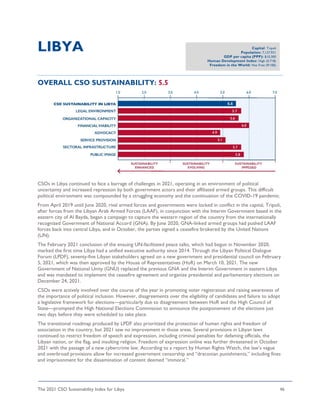 The 2021 CSO Sustainability Index for Libya 46
LIBYA
OVERALL CSO SUSTAINABILITY: 5.5
CSOs in Libya continued to face a barrage of challenges in 2021, operating in an environment of political
uncertainty and increased repression by both government actors and their affiliated armed groups. This difficult
political environment was compounded by a struggling economy and the continuation of the COVID-19 pandemic.
From April 2019 until June 2020, rival armed forces and governments were locked in conflict in the capital, Tripoli,
after forces from the Libyan Arab Armed Forces (LAAF), in conjunction with the Interim Government based in the
eastern city of Al Bayda, began a campaign to capture the western region of the country from the internationally
recognized Government of National Accord (GNA). By June 2020, GNA-linked armed groups had pushed LAAF
forces back into central Libya, and in October, the parties signed a ceasefire brokered by the United Nations
(UN).
The February 2021 conclusion of the ensuing UN-facilitated peace talks, which had begun in November 2020,
marked the first time Libya had a unified executive authority since 2014. Through the Libyan Political Dialogue
Forum (LPDF), seventy-five Libyan stakeholders agreed on a new government and presidential council on February
5, 2021, which was then approved by the House of Representatives (HoR) on March 10, 2021. The new
Government of National Unity (GNU) replaced the previous GNA and the Interim Government in eastern Libya
and was mandated to implement the ceasefire agreement and organize presidential and parliamentary elections on
December 24, 2021.
CSOs were actively involved over the course of the year in promoting voter registration and raising awareness of
the importance of political inclusion. However, disagreements over the eligibility of candidates and failure to adopt
a legislative framework for elections—particularly due to disagreement between HoR and the High Council of
State—prompted the High National Elections Commission to announce the postponement of the elections just
two days before they were scheduled to take place.
The transitional roadmap produced by LPDF also prioritized the protection of human rights and freedom of
association in the country, but 2021 saw no improvement in those areas. Several provisions in Libyan laws
continued to restrict freedom of speech and expression, including criminal penalties for defaming officials, the
Libyan nation, or the flag, and insulting religion. Freedom of expression online was further threatened in October
2021 with the passage of a new cybercrime law. According to a report by Human Rights Watch, the law’s vague
and overbroad provisions allow for increased government censorship and “draconian punishments,” including fines
and imprisonment for the dissemination of content deemed “immoral.”
Capital: Tripoli
Population: 7,137,931
GDP per capita (PPP): $10,300
Human Development Index: High (0.718)
Freedom in the World: Not Free (9/100)
 