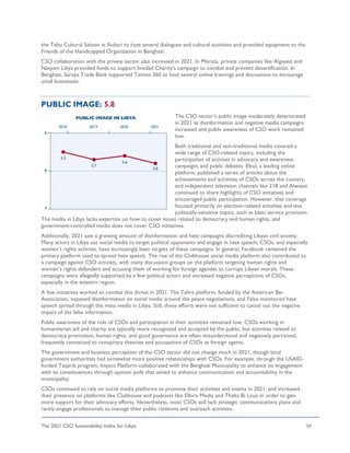 The 2021 CSO Sustainability Index for Libya 54
the Tebu Cultural Saloon in Aubari to host several dialogues and cultural activities and provided equipment to the
Friends of the Handicapped Organization in Benghazi.
CSO collaboration with the private sector also increased in 2021. In Misrata, private companies like Algaeed and
Nasyam Libya provided funds to support Imadad Charity’s campaign to combat and prevent desertification. In
Benghazi, Saraya Trade Bank supported Tanmia 360 to host several online trainings and discussions to encourage
small businesses.
PUBLIC IMAGE: 5.8
The CSO sector’s public image moderately deteriorated
in 2021 as disinformation and negative media campaigns
increased and public awareness of CSO work remained
low.
Both traditional and non-traditional media covered a
wide range of CSO-related topics, including the
participation of activists in advocacy and awareness
campaigns and public debates. Elkul, a leading online
platform, published a series of articles about the
achievements and activities of CSOs across the country,
and independent television channels like 218 and Alwasat
continued to share highlights of CSO initiatives and
encouraged public participation. However, that coverage
focused primarily on election-related activities and less
politically-sensitive topics, such as basic service provision.
The media in Libya lacks expertise on how to cover issues related to democracy and human rights, and
government-controlled media does not cover CSO initiatives.
Additionally, 2021 saw a growing amount of disinformation and hate campaigns discrediting Libyan civil society.
Many actors in Libya use social media to target political opponents and engage in hate speech; CSOs, and especially
women’s rights activists, have increasingly been targets of these campaigns. In general, Facebook remained the
primary platform used to spread hate speech. The rise of the Clubhouse social media platform also contributed to
a campaign against CSO activists, with many discussion groups on the platform targeting human rights and
women’s rights defenders and accusing them of working for foreign agendas to corrupt Libyan morals. These
campaigns were allegedly supported by a few political actors and increased negative perceptions of CSOs,
especially in the western region.
A few initiatives worked to combat this threat in 2021. The Tahra platform, funded by the American Bar
Association, exposed disinformation on social media around the peace negotiations, and Falso monitored hate
speech spread through the mass media in Libya. Still, these efforts were not sufficient to cancel out the negative
impact of the false information.
Public awareness of the role of CSOs and participation in their activities remained low. CSOs working in
humanitarian aid and charity are typically more recognized and accepted by the public, but activities related to
democracy promotion, human rights, and good governance are often misunderstood and negatively perceived,
frequently connected to conspiracy theories and accusations of CSOs as foreign agents.
The government and business perception of the CSO sector did not change much in 2021, though local
government authorities had somewhat more positive relationships with CSOs. For example, through the USAID-
funded Taqarib program, Impact Platform collaborated with the Benghazi Municipality to enhance its engagement
with its constituencies through opinion polls that aimed to enhance communication and accountability in the
municipality.
CSOs continued to rely on social media platforms to promote their activities and events in 2021, and increased
their presence on platforms like Clubhouse and podcasts like Elbiro Media and Thalta Bi Louz in order to gain
more support for their advocacy efforts. Nevertheless, most CSOs still lack strategic communications plans and
rarely engage professionals to manage their public relations and outreach activities.
 