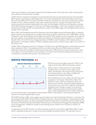 The 2021 CSO Sustainability Index for Morocco 62
make recommendations, and propose solutions for the implementation of the action plan, while conducting their
own evaluation of the action plan in parallel.
In 2021, Morocco prepared and adopted a second national action plan for open government for the period 2021–
2023, based on a participatory methodology with civil society and published on the National Open Government
Portal and the OGP portal. This new plan includes twenty-two commitments in the areas of transparency, quality
of public services, citizen participation, open justice, equality and inclusion, and open local government. Civil
society was actively involved in preparing the action plan, and the Kingdom of Morocco was elected as a member
of the OGP Steering Committee for a three-year term beginning October 1, 2021, tacit recognition of Morocco’s
achievements through the OGP as it became the first country in the MENA region and Francophone Africa to be a
member of the committee.
Also in 2021, the Prometheus Institute for Democracy and Human Rights joined international efforts in calling for
greater attention and commitments to a healthy environment. In March, it joined more than 1,000 CSOs in issuing
a statement to the United Nations Human Rights Council (UN HRC) calling for formal recognition of the right to a
safe, clean, healthy, and sustainable environment; these efforts successfully brought the approval of a resolution in
October 2021. At the UN Climate Change Conference (COP26) in early November, the Prometheus Institute
again joined an international coalition of CSOs in calling for governments to address human rights in the context of
the climate crisis.
In 2021, CSOs continued to advocate for changes to the finance law, specifically focused on reducing the taxes and
duties imposed on CSOs. The president of the Forum of Alternatives Morocco (FMAS) made several public
statements, stating that the debate on CSO taxation dates back to 2002 and has remained unresolved ever since.
In his opinion, it is inconceivable to treat associations in the same way as the profit seeking private operators as
“associations are all public interest actors, not private actors.”
SERVICE PROVISION: 4.4
CSO service provision slightly improved in 2021 as the
range of services they offered continued to expand.
CSOs provide a variety of services in various fields,
including culture, art, politics, human rights, sports,
health, and education. This range of services has grown
over the past decade as the number of CSOs and
associations has increased dramatically.
Environmental services, for instance, have become more
prominent in recent years. Particularly in light of the
COVID-19 crisis, in 2021 the Association of Life and
Earth Sciences Teachers (Association des Enseignants de
la Science de la Vie et de la Terre, AESVT) committed to
organizing online trainings to support environmental
CSOs in setting up projects and advocating for health
issues. It also coordinated numerous online conferences
on environmental topics, and organized a national Green Week in March 2021 to raise awareness about the
importance of preserving public green spaces.
With INDH funding, in 2021, great progress was also made in the reach of preschool education in rural areas. The
partnership between INDH and the Ministry of National Education, Preschool and Sports—implemented by CSOs
like the Rihane Association, the Aman Sustainable Development Association, and the Moroccan Foundation for the
Promotion of Preschool Education (Fondation Marocaine pour la Promotion de l’Enseignement Préscolaire, FMPS)
at the municipal level—enabled an increase in the schooling rate for children, from 47 percent in 2018 to 73
percent in 2021.
In preparation for the 2021 elections, the Tafra association launched a new initiative called Nkhtar 2021 to allow
voters—especially young voters—to get to know the candidates and political parties. The association aims to
 