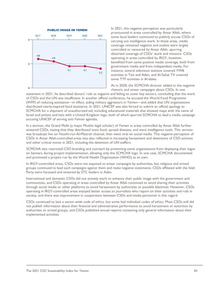 The 2021 CSO Sustainability Index for Yemen 83
In 2021, this negative perception was particularly
pronounced in areas controlled by Ansar Allah, where
some local leaders continued to publicly accuse CSOs of
carrying out intelligence work. In those areas, media
coverage remained negative and outlets were largely
controlled or censored by Ansar Allah, spurring
distorted coverage of CSOs’ work and missions. CSOs
operating in areas controlled by IRGY, however,
benefited from some positive media coverage, both from
government media and from independent media. For
instance, several television stations covered YWB
activities in Taiz and Aden, and Al-Sahat TV covered
some TYF activities in Al-dalea.
As in 2020, the SCMCHA director added to the negative
rhetoric and smear campaigns about CSOs. In one
statement in 2021, he described donors’ role as negative and failing to cover key sectors, concluding that the work
of CSOs and the UN was insufficient. In another official conference, he accused the World Food Programme
(WFP) of reducing assistance—in effect, aiding military aggressors in Yemen—and added that UN organizations
distributed nearly-expired food assistance. In 2021, UNICEF was also forced to submit an official apology to
SCMCHA for a shipment of unauthorized aid, including educational materials that showed maps with the name of
Israel and jackets and hats with a United Kingdom logo, both of which spurred SCMCHA to lead a media campaign
accusing UNICEF of serving anti-Yemen agendas.
In a sermon, the Grand Mufti (a major Muslim legal scholar) of Yemen in areas controlled by Ansar Allah further
smeared CSOs, stating that they distributed toxic food, spread diseases, and were intelligence tools. This sermon
was broadcast live on Houthi-run Al-Masirah channel, then went viral on social media. This negative perception of
CSOs in Ansar Allah-controlled areas was also reflected in increasing harassment and detentions of CSO activists
and other critical voices in 2021, including the detention of UN staffers.
SCMCHA also restricted CSO branding and outreach by preventing some organizations from displaying their logos
on banners during project implementation, allowing only the SCMCHA logo. In one case, SCMCHA documented
and promoted a project run by the World Health Organization (WHO) as its own.
In IRGY-controlled areas, CSOs were not exposed to smear campaigns by authorities, but religious and armed
groups continued to lead such campaigns against them and make negative statements. CSOs affiliated with the Islah
Party were harassed and smeared by STC leaders in Aden.
International and domestic CSOs did not actively work to enhance their public image with the government and
communities, and CSOs operating in areas controlled by Ansar Allah continued to avoid sharing their activities
through social media or other platforms to avoid harassment by authorities or possible blackmail. However, CSOs
operating in IRGY-controlled areas enjoyed better access to journalists who report on their activities and role in
society, and there was improvement in cooperation between CSOs and media personnel in this regard.
CSOs continued to lack a sector-wide code of ethics, but some had individual codes of ethics. Most CSOs still did
not publish information about their financial and administrative performance to avoid harassment or extortion by
authorities or armed groups, and CSOs published annual reports containing only general information about their
implemented activities.
 