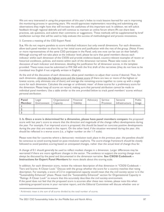 The 2021 CSO Sustainability Index for the Middle East and North Africa 87
We are very interested in using the preparation of this year’s Index to track lessons learned for use in improving
the monitoring process in upcoming years. We would appreciate implementers recording and submitting any
observations they might have that will increase the usefulness of this important tool. In addition, we will solicit
feedback through regional debriefs and will continue to maintain an online forum where IPs can share best
practices, ask questions, and submit their comments or suggestions. These methods will be supplemented by brief
satisfaction surveys that will be used to help evaluate the success of methodological and process innovations.
3. Convene a meeting of the CSO Expert Panel.
3.a. We do not require panelists to score individual indicators but only overall dimensions. For each dimension,
allow each panel member to share his or her initial score and justification with the rest of the group. (Note: If two
or more representatives of the same CSO participate in the Panel, only one vote can be cast on their behalf.)
Although scoring will not take place at the indicator level, please be sure that panel members discuss each
indicator within each dimension of the CSOSI and provide evidence-based, country-relevant examples of recent or
historical conditions, policies, and events within each of the dimension narratives. Please take notes on the
discussion of each indicator and dimension, detailing the justification for all dimension scores, in the template
provided. These notes must be submitted to FHI 360 with the first draft of the narratives (they do not have to be
translated into English if not originally written in English).
At the end of the discussion of each dimension, allow panel members to adjust their scores if desired. Then, for
each dimension, eliminate the highest score and the lowest score (if there are two or more of the highest or
lowest scores, only eliminate one of them) and average the remaining scores together to come up with a single
score for each dimension. Calculate the average or arithmetic mean1
of these scores for a preliminary score for
the dimension. Please keep all scores on record, making sure that personal attribution cannot be made to
individual panel members. Use a table similar to the one provided below to track panel members’ scores without
personal attribution.
Panel
Member
Legal
Environment
Organizational
Capacity
Financial
Viability
Advocacy Service
Provision
Sectoral
Infrastructure
Public
Image
1
2
3
3. b. Once a score is determined for a dimension, please have panel members compare the proposed
score with last year’s score to ensure that the direction and magnitude of the change reflect developments during
the year. For example, if an improved score is proposed, this should be based on concrete positive developments
during the year that are noted in the report. On the other hand, if the situation worsened during the year, this
should be reflected in a worse score (i.e., a higher number on the 1-7 scale).
Please note that for countries where a democratic revolution took place in the previous year, the panelists should
be conscious to avoid scoring based on post-revolution euphoria. The score-change framework should be closely
followed to avoid panelists scoring based on anticipated changes, rather than the actual level of change thus far.
A change of 0.1 should generally be used to reflect modest changes in a dimension. Larger differences may be
warranted if there are more significant changes in the sector. The evidence to support the scoring change must
always be discussed by the panel and documented in the dimension narrative. See CSOSI Codebook –
Instructions for Expert Panel Members for more details about this scoring scale.
In addition, for each dimension score, review the relevant description of that dimension in “CSOSI Codebook –
Tiers and Scores: A Closer Look.” Discuss with the group whether the score for a country matches that rating
description. For example, a score of 2.3 in organizational capacity would mean that the civil society sector is in the
“Sustainability Enhanced” phase. Please read the “Sustainability Enhanced” section for Organizational Capacity in
“Ratings: A Closer Look” to ensure that this accurately describes the civil society environment.
If the panel does not feel that the proposed score is accurate after these two reviews, please note this when
submitting proposed scores in your narrative report, and the Editorial Committee will discuss whether one or
1 Arithmetic mean is the sum of all scores divided by the total number of scores.
 