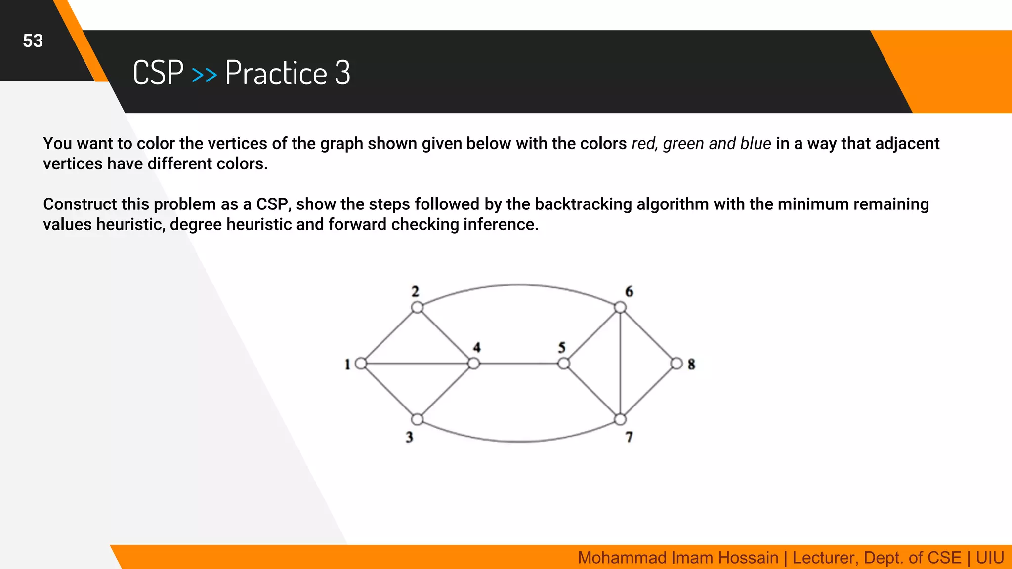 CSP >> Practice 3
You want to color the vertices of the graph shown given below with the colors red, green and blue in a way that adjacent
vertices have different colors.
Construct this problem as a CSP, show the steps followed by the backtracking algorithm with the minimum remaining
values heuristic, degree heuristic and forward checking inference.
53
Mohammad Imam Hossain | Lecturer, Dept. of CSE | UIU
 