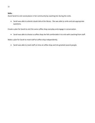 15 
 
Skills: 
Assist Sarah to visit social places in her community by coaching her during the visits. 
 
• Sarah was able to attend a book talk at the library.  She was able to smile and ask appropriate 
questions. 
 
Create a plan for Sarah to visit the same coffee shop everyday and engage in conversation. 
 
• Sarah was able to choose a coffee shop she felt comfortable in to visit with coaching from staff. 
 
Make a plan for Sarah to meet staff at coffee shop independently. 
 
• Sarah was able to meet staff on time at coffee shop and she greeted several people. 
 
 
 
 
 
 
 
 
 
 
 
 
 
 
 
 
