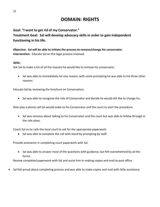 22 
DOMAIN: RIGHTS 
 
Goal: “I want to get rid of my Conservator.” 
Treatment Goal:  Sal will develop advocacy skills in order to gain independent 
functioning in his life. 
 
Objective:  Sal will be able to initiate the process to remove/change his conservator. 
Intervention:  Educate Sal on the legal process involved. 
 
Skills: 
Ask Sal to make a list of all the reasons he would like to remove his conservator. 
 
• Sal was able to immediately list one reason; with some prompting he was able to list three other 
reasons. 
 
Educate Sal by reviewing the brochure on Conservators. 
 
• Sal was able to recognize the role of Conservator and decide he would still like to change his. 
 
Role play a phone call Sal would make to his Conservator and the court to start the procedure. 
 
• Sal was nervous about talking to his Conservator and the court but was able to follow through in 
the role plays. 
 
Coach Sal as he calls the local court to ask for the appropriate paperwork. 
• Sal was able to complete the call with stand by prompting by staff. 
 
Provide assistance in completing court paperwork with Sal. 
 
• Sal was able to answer most of the questions with guidance, but felt overwhelmed by all the 
forms. 
Review completed paperwork with Sal and assist him in making copies and mail to post office. 
 
• Sal felt proud about completing process and was able to make copies and mail with little assistance. 
 