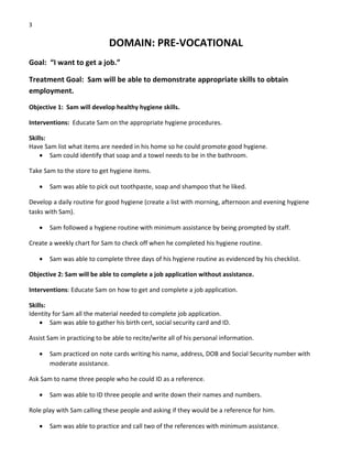 3 
DOMAIN: PRE‐VOCATIONAL 
Goal:  “I want to get a job.” 
Treatment Goal:  Sam will be able to demonstrate appropriate skills to obtain 
employment. 
Objective 1:  Sam will develop healthy hygiene skills. 
Interventions:  Educate Sam on the appropriate hygiene procedures. 
Skills: 
Have Sam list what items are needed in his home so he could promote good hygiene. 
• Sam could identify that soap and a towel needs to be in the bathroom. 
Take Sam to the store to get hygiene items. 
• Sam was able to pick out toothpaste, soap and shampoo that he liked. 
Develop a daily routine for good hygiene (create a list with morning, afternoon and evening hygiene 
tasks with Sam). 
• Sam followed a hygiene routine with minimum assistance by being prompted by staff. 
Create a weekly chart for Sam to check off when he completed his hygiene routine. 
• Sam was able to complete three days of his hygiene routine as evidenced by his checklist. 
Objective 2: Sam will be able to complete a job application without assistance. 
Interventions: Educate Sam on how to get and complete a job application. 
Skills: 
Identity for Sam all the material needed to complete job application. 
• Sam was able to gather his birth cert, social security card and ID. 
Assist Sam in practicing to be able to recite/write all of his personal information. 
• Sam practiced on note cards writing his name, address, DOB and Social Security number with 
moderate assistance. 
Ask Sam to name three people who he could ID as a reference. 
• Sam was able to ID three people and write down their names and numbers. 
Role play with Sam calling these people and asking if they would be a reference for him. 
• Sam was able to practice and call two of the references with minimum assistance. 
 