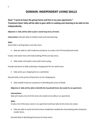5 
DOMAIN: INDEPENDENT LIVING SKILLS 
 
Goal: “I want to leave the group home and live in my own apartment.” 
Treatment Goal: Sally will be able to gain skills in cooking and cleaning to be able to live 
independently. 
 
Objective 1: Sally will be able to plan a week long menu of meals. 
 
Intervention: Educate Sally on healthy meals and meal planning. 
 
Skills: 
Assist Sally in writing down a one day menu. 
 
• Sally was able to, with moderate assistance, to create a list of three balanced meals. 
 
Create a full week menu with Sally building off the one day menu. 
 
• Sally made a full week’s menu with some cueing. 
 
Provide assistance to Sally to develop a shopping list for her week menu. 
 
• Sally wrote up a shopping list on a worksheet.   
 
Educate Sally on the prices of food items on her shopping list. 
 
• Sally needed maximum assistance in identifying the prices of foods. 
 
Objective 2: Sally will be able to identify the household items she needs for an apartment. 
 
Interventions 
Sally will create a list of all the items she needs to live safely in an apartment. 
 
Skills: 
Create a list of the basic rooms in an apartment and have Sally list the items she needs. 
 
• Sally was able to easily list the furniture needed but needed lots of prompting when listing the 
smaller items. 
 
Assisted Sally in identifiying the prices for these items. 
 