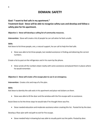 8 
DOMAIN: SAFETY 
 
Goal: “I want to feel safe in my apartment.” 
Treatment Goal:  Steve will be able to recognize safety cues and develop and follow a 
safety plan for his apartment. 
 
Objective 1:  Steve will develop a calling list of community resources. 
 
Intervention:  Steve will create a list of people he can call when he feels unsafe. 
 
Skills: 
Ask Steve to list three people, one, a natural support, he can call to help him feel safe. 
 
• Steve was able to list three people, but needed assistance in finding and obtaining the correct 
numbers. 
 
Create a list to post on the refrigerator and in his room by the phone. 
 
• Steve wrote all the numbers down neatly with some assistance and placed them in places where 
he would remember. 
 
 
Objective 2:  Steve will create a fire escape plan to use in an emergency. 
 
Intervention:  Create a list and map of a fire plan. 
 
Skills: 
Ask Steve to identity the safe exits in his apartment and place red stickers on them. 
 
• Steve was able to ID the door and the window with the fire escape with no assistance. 
 
Assist Steve to list the three steps he would take if he thought there was fire. 
 
• Steve needed education and moderate assistance when creating this list.  Posted list by the door. 
 
Develop a floor plan with red path to exit for fire escape. 
 
• Steve needed help in drawing but was able to visually point out the paths. Posted by door. 
 
 