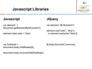 Javascript
var element =
document.getElementById('content');
element.style.color = 'blue';
var firstNode =
document.body.childNodes[0];
document.body.removeChild(firstNode);
Javascript Libraries
JQuery
var element =$(“#content”);
element.css(“color”, “blue”);
or element.css({color:”blue”})
$(‘body:first-child’).remove();
 