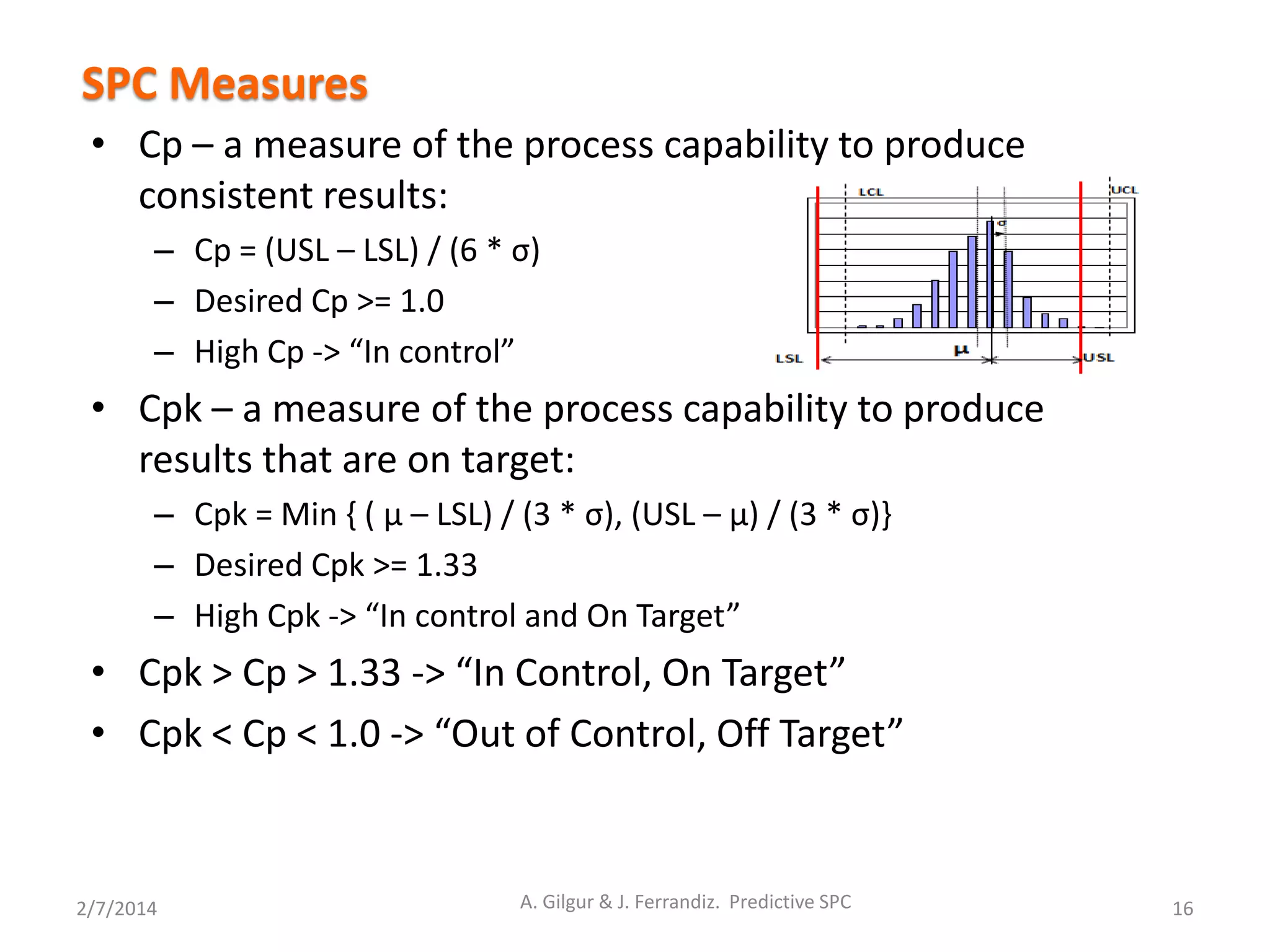 • Cp – a measure of the process capability to produce
consistent results:
– Cp = (USL – LSL) / (6 * σ)
– Desired Cp >= 1.0
– High Cp -> “In control”
• Cpk – a measure of the process capability to produce
results that are on target:
– Cpk = Min { ( μ – LSL) / (3 * σ), (USL – μ) / (3 * σ)}
– Desired Cpk >= 1.33
– High Cpk -> “In control and On Target”
• Cpk > Cp > 1.33 -> “In Control, On Target”
• Cpk < Cp < 1.0 -> “Out of Control, Off Target”
2/7/2014 16
SPC Measures
A. Gilgur & J. Ferrandiz. Predictive SPC
 