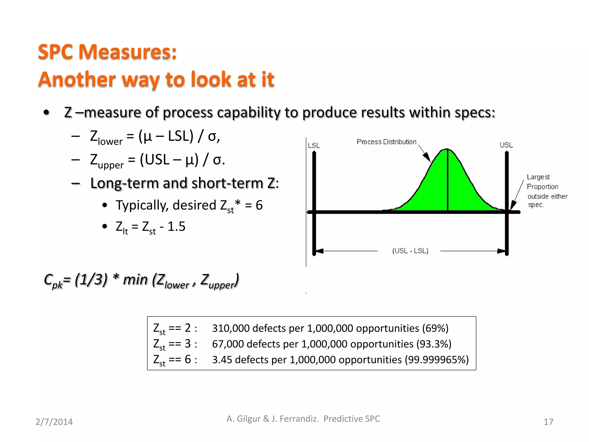 2/7/2014 17
SPC Measures:
Another way to look at it
• Z –measure of process capability to produce results within specs:
– Zlower = (μ – LSL) / σ,
– Zupper = (USL – μ) / σ.
– Long-term and short-term Z:
• Typically, desired Zst* = 6
• Zlt = Zst - 1.5
Zst == 2 : 310,000 defects per 1,000,000 opportunities (69%)
Zst == 3 : 67,000 defects per 1,000,000 opportunities (93.3%)
Zst == 6 : 3.45 defects per 1,000,000 opportunities (99.999965%)
A. Gilgur & J. Ferrandiz. Predictive SPC
Cpk= (1/3) * min (Zlower , Zupper)
 