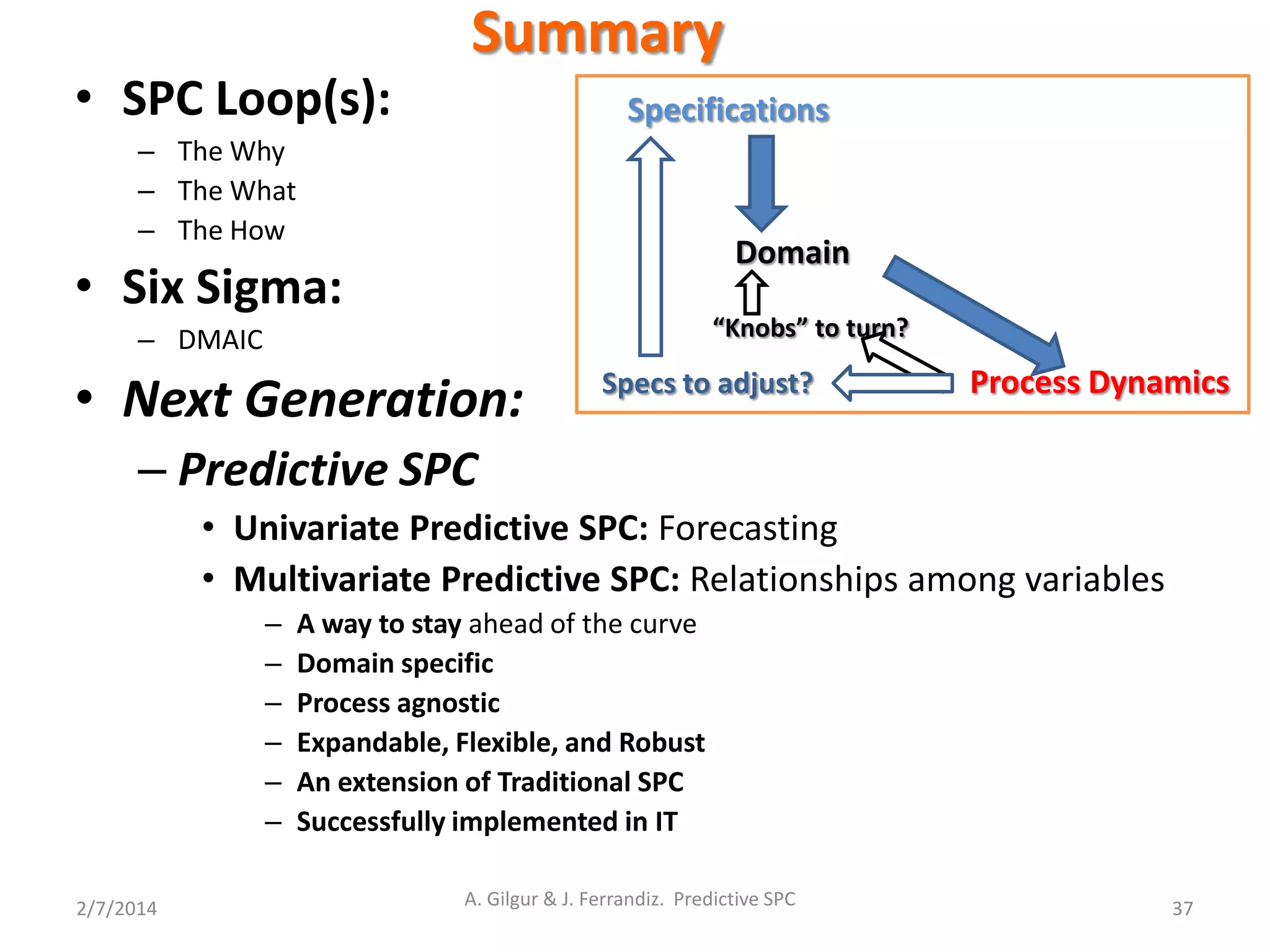 Summary
• SPC Loop(s):
– The Why
– The What
– The How
• Six Sigma:
– DMAIC
• Next Generation:
– Predictive SPC
• Univariate Predictive SPC: Forecasting
• Multivariate Predictive SPC: Relationships among variables
– A way to stay ahead of the curve
– Domain specific
– Process agnostic
– Expandable, Flexible, and Robust
– An extension of Traditional SPC
– Successfully implemented in IT
2/7/2014 A. Gilgur & J. Ferrandiz. Predictive SPC 37
“Knobs” to turn?
Specifications
Domain
Specs to adjust? Process Dynamics
 
