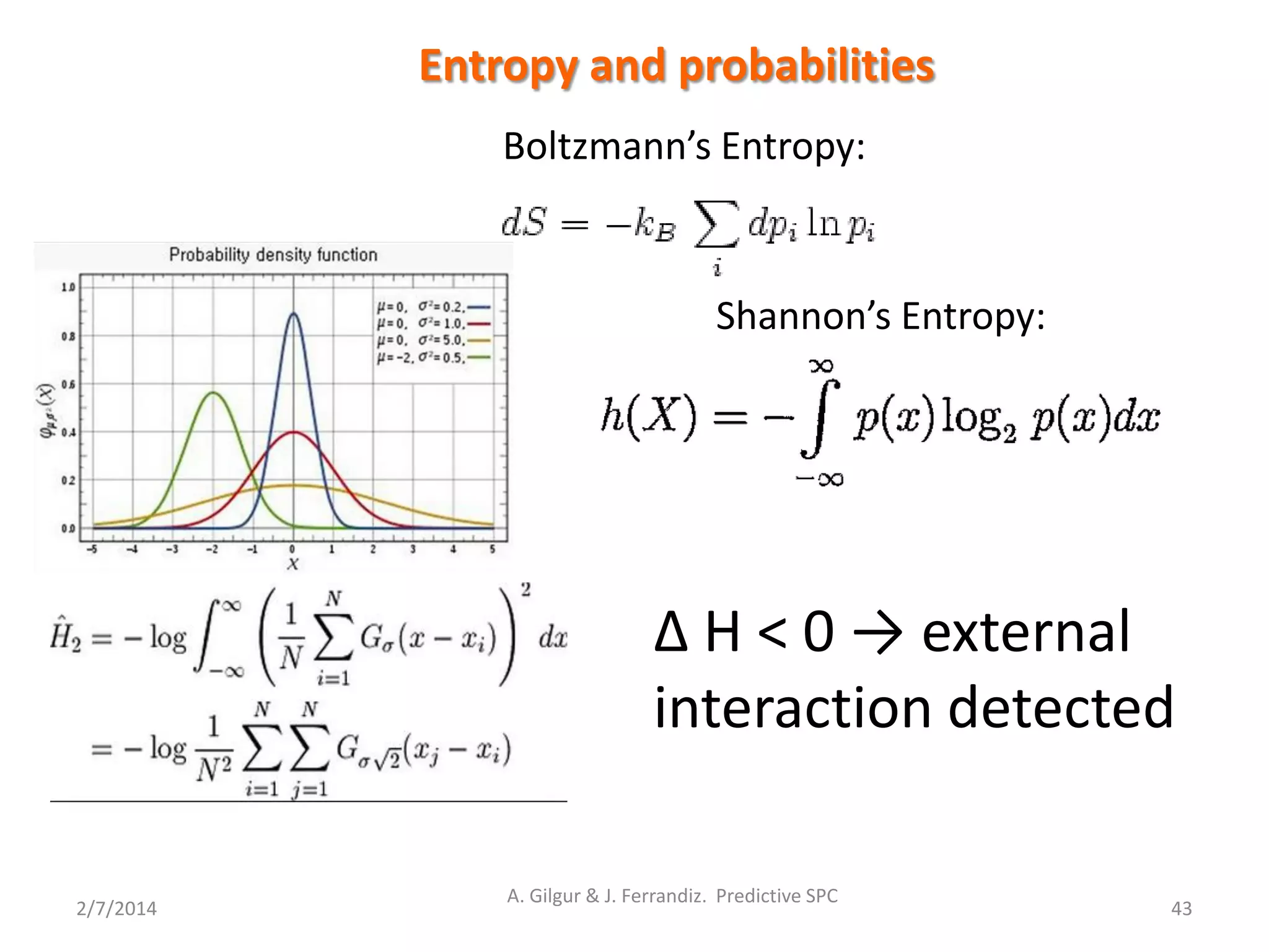 2/7/2014
A. Gilgur & J. Ferrandiz. Predictive SPC
43
Entropy and probabilities
Boltzmann’s Entropy:
Shannon’s Entropy:
∆ H < 0 → external
interaction detected
 
